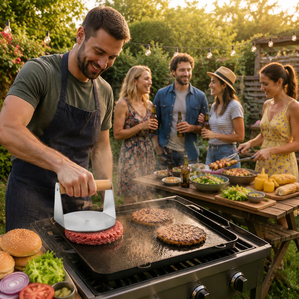 Pressa per Hamburger in Acciaio Inox Ø 14 cm, Schiacciacarne Professionale con Manico in Legno incl. 50 Dischi di Carta Forno, Smash Burger Press per Grill e Padella, Ideale per Steak, Bacon e Panini
