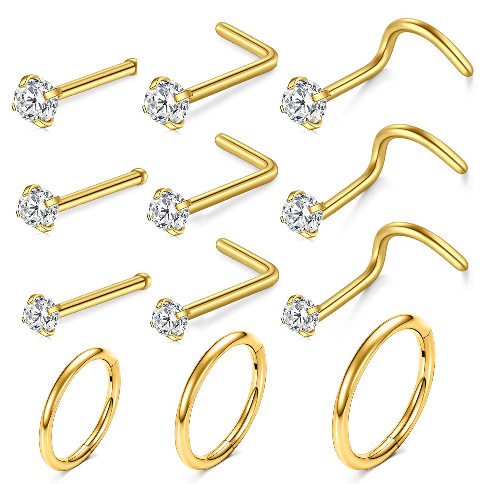 Fitbitop 12 piercings para la nariz, color dorado, Nostril de 6/8/10 mm, acero quirúrgico, anillo para la nariz, anillo para la nariz, anillo de oro de 18 quilates, joyería para mujer, Acero