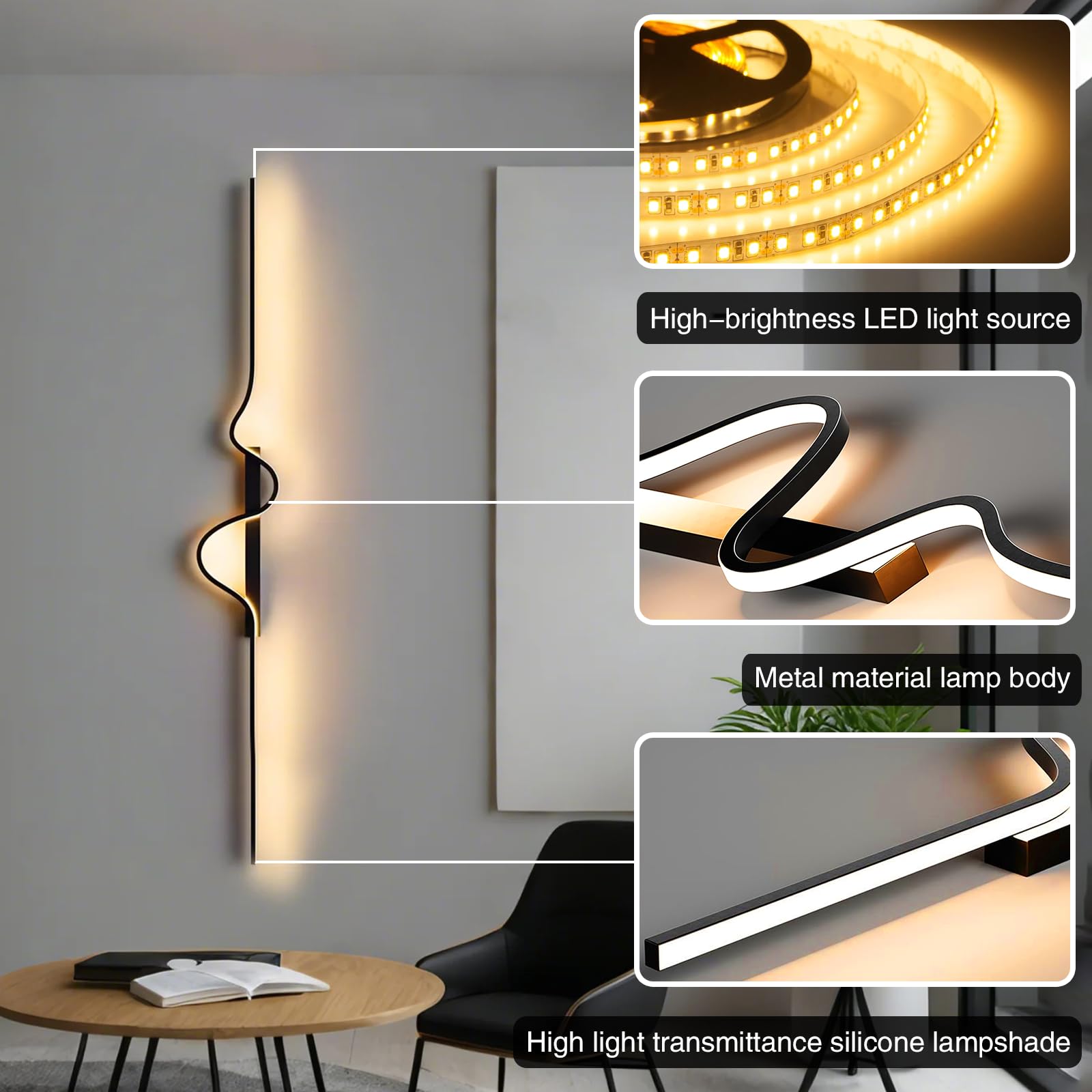 LED Wandlampe innen 16W 2000LM Wandleuchte Innen Dimmbare,100CM Wandleuchten mit Fernbedienung,Wandbeleuchtung schwarz für Schlafzimmer Korridor Wohnzimmer Treppe Kinderzimmer Büro Küche