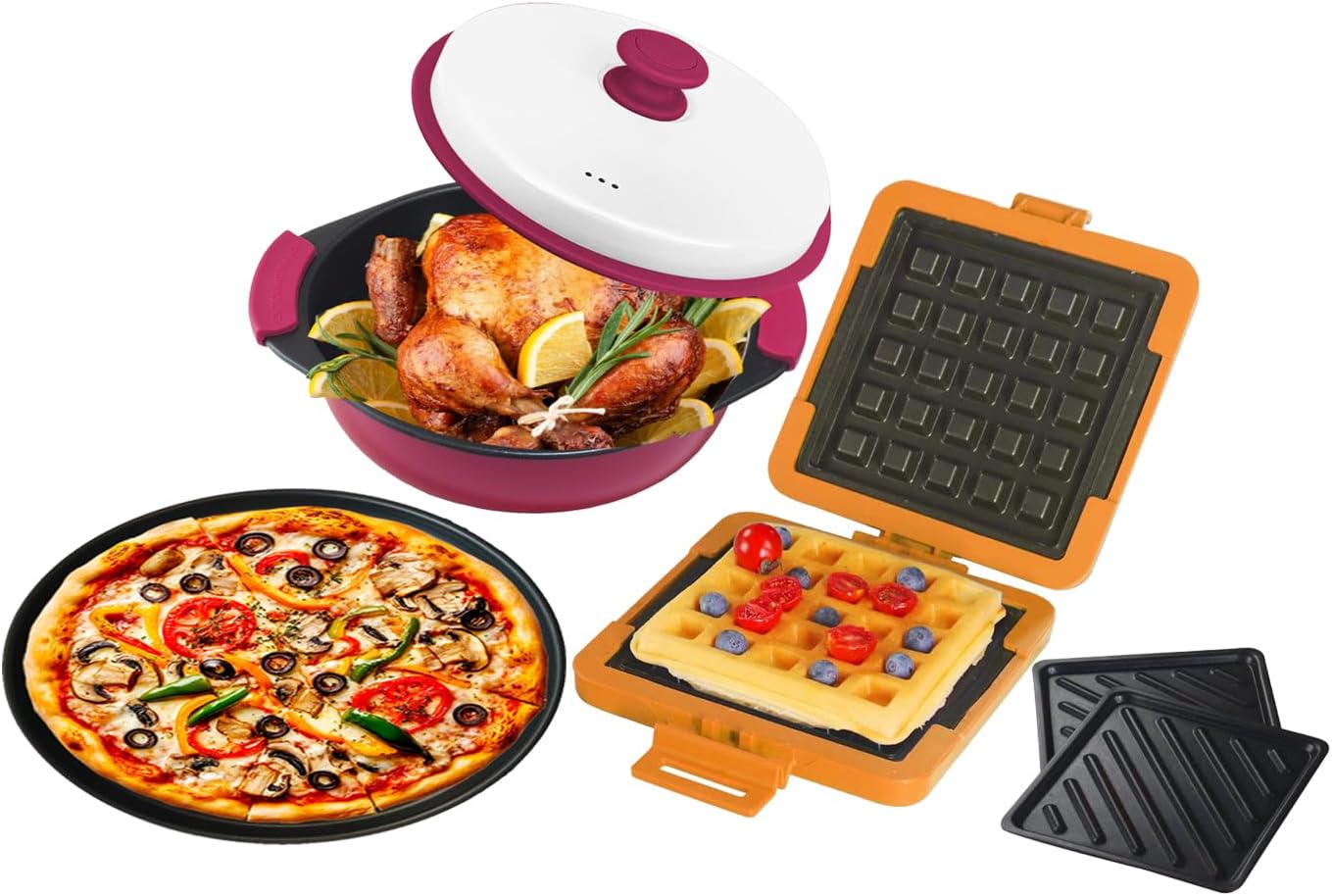 Microwave Cooker: 3-in-1 Crisper Pan, Griller & Waffle Sandwich Maker Set | Fast Cooking for Pizza, Bacon, Panini | Dishwasher Safe for Dorms, Travel, RV