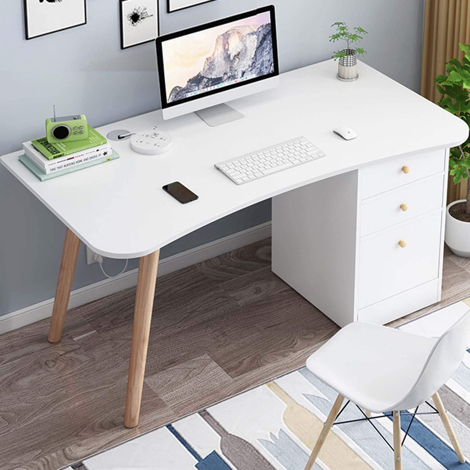 BNMKL Simple Computer Desk with Drawers, Writing Desk with Cable Management Grommets, PC Laptop Study Table Workstation for Home, Office, Study Room, Bedroom,Warm White,120 * 50 * 73cm