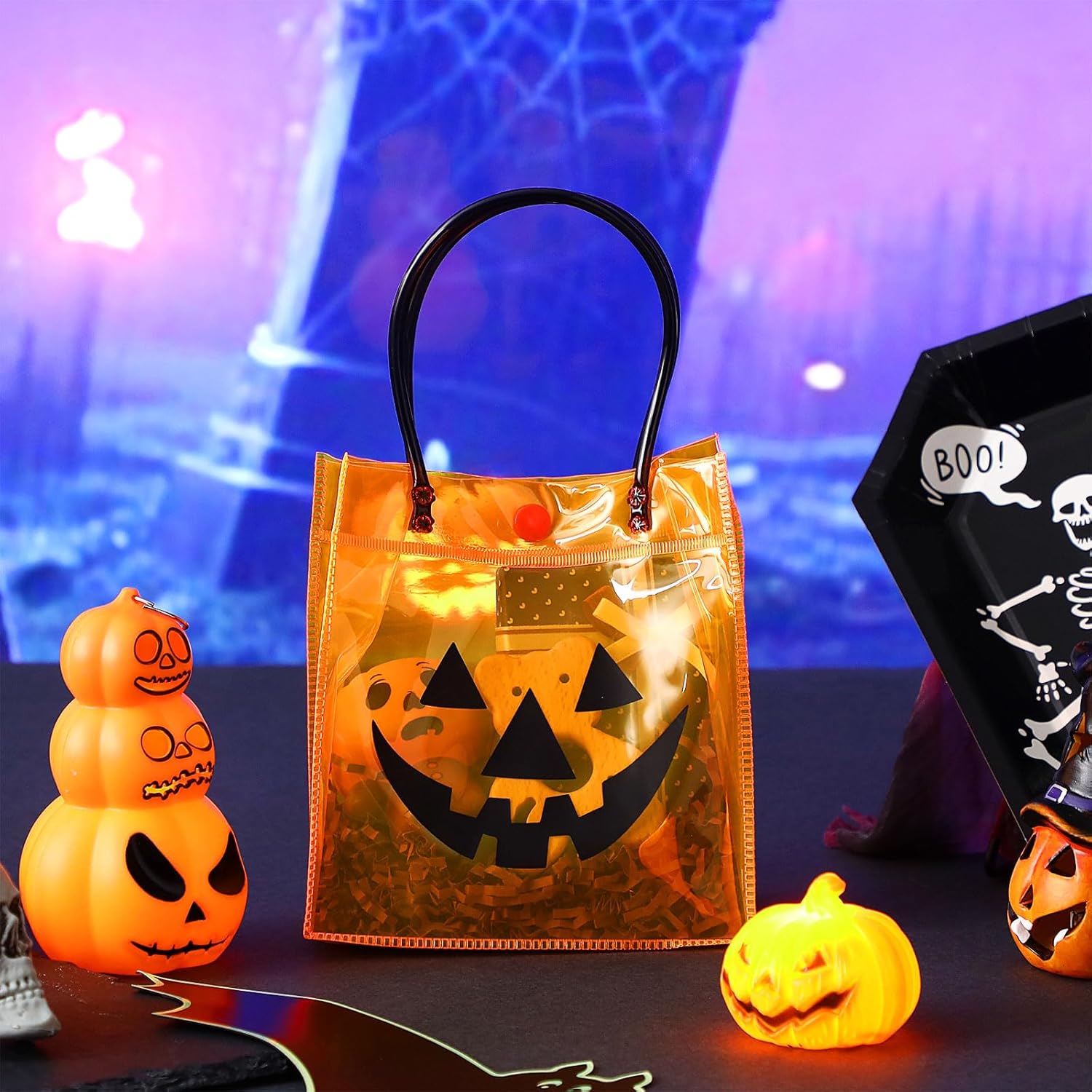 Kolldenn 24 Pcs Halloween Clear Plastic Gift Bags with Handle Trick or Treat PVC Pumpkin Goodie Candy Bags Reusable Tote Bag for Party Favor Gifts Supplies(Pumpkin,6.3x 5.91x 3.15 Inch) - Image 5