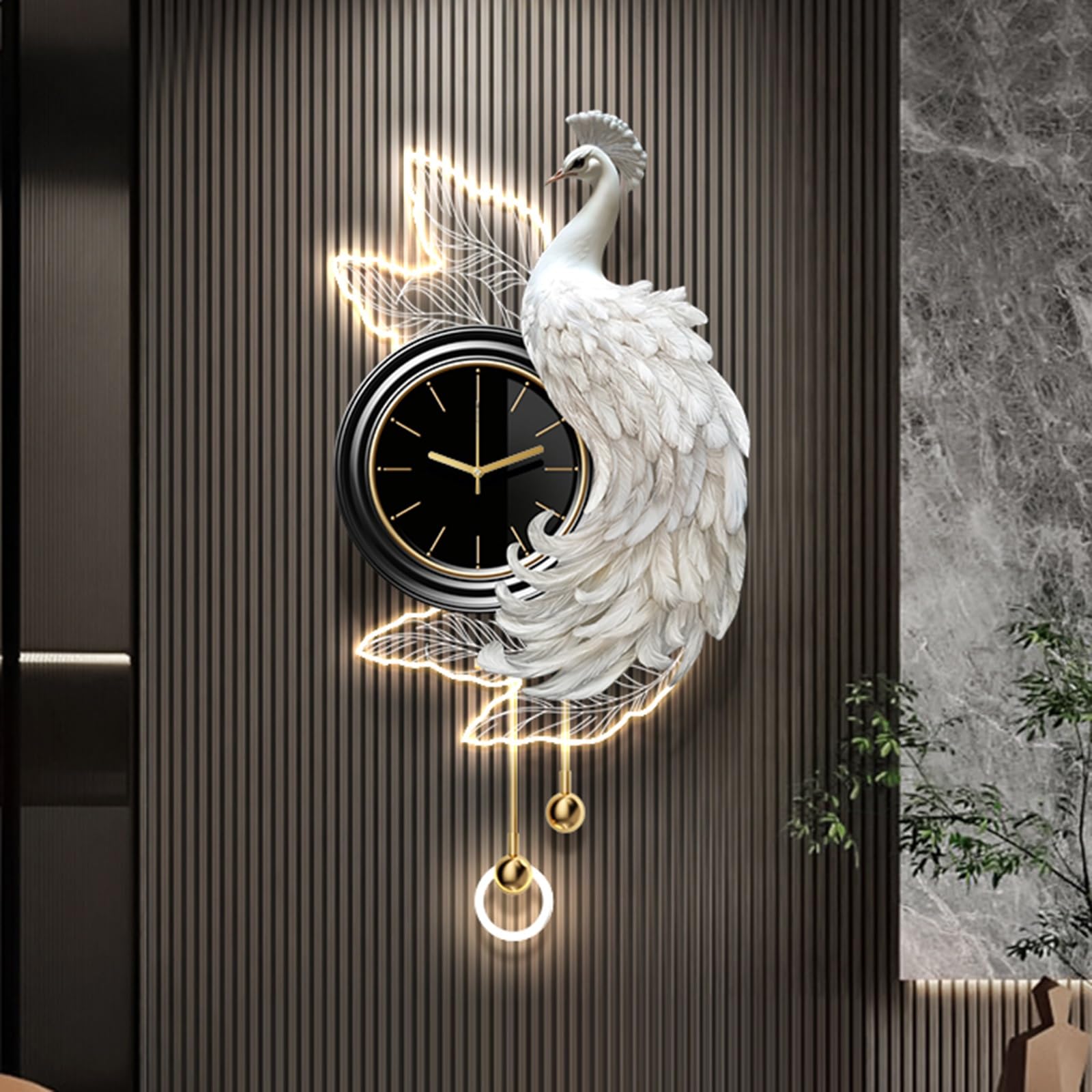 Orologio da parete 3D a forma di pavone con luce LED, orologio decorativo moderno con movimento silenzioso, scultura in porcellana di cristallo per ingresso soggiorno, 50 x 100 cm