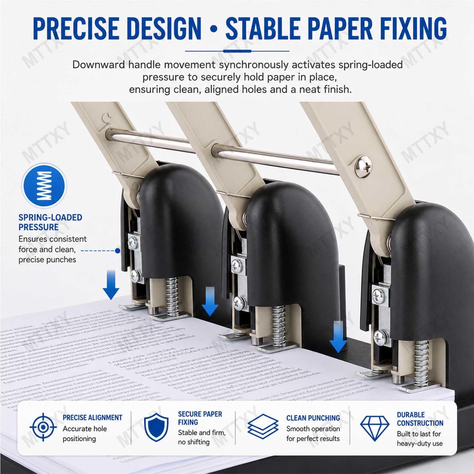 Perforatrice a 3 fori resistente, Capacità 150 fogli, Perforatore da ufficio ad alte prestazioni, Guida regolabile, Struttura in metallo per rilegatura documenti, Nero
