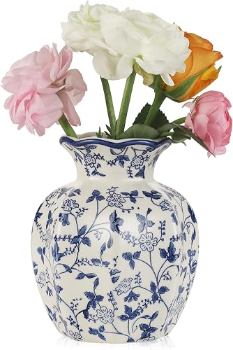 Scalloped Vintage Chinoiserie Vase Bl·ue & White Full Flower Ceramic Vessel Rustic Porcelain Table Centerpieces Decorative Antique Vases for Home Decor - Small