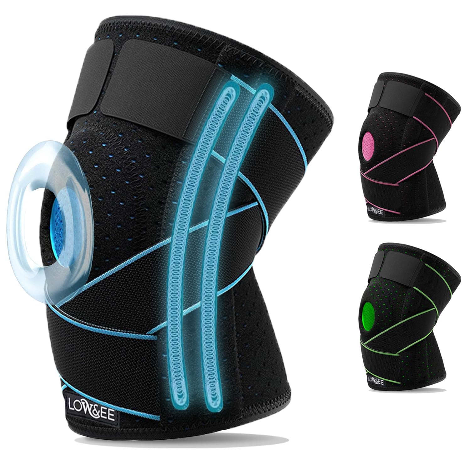LOW&EE® Rodilleras Menisco y Ligamento Deportiva Ajustable – Rodilleras Gym - Rodillera Rotuliana Completa - Rodillera Crossfit - Rodillera Unisex de Neopreno con Silicona (Negro/Azul)