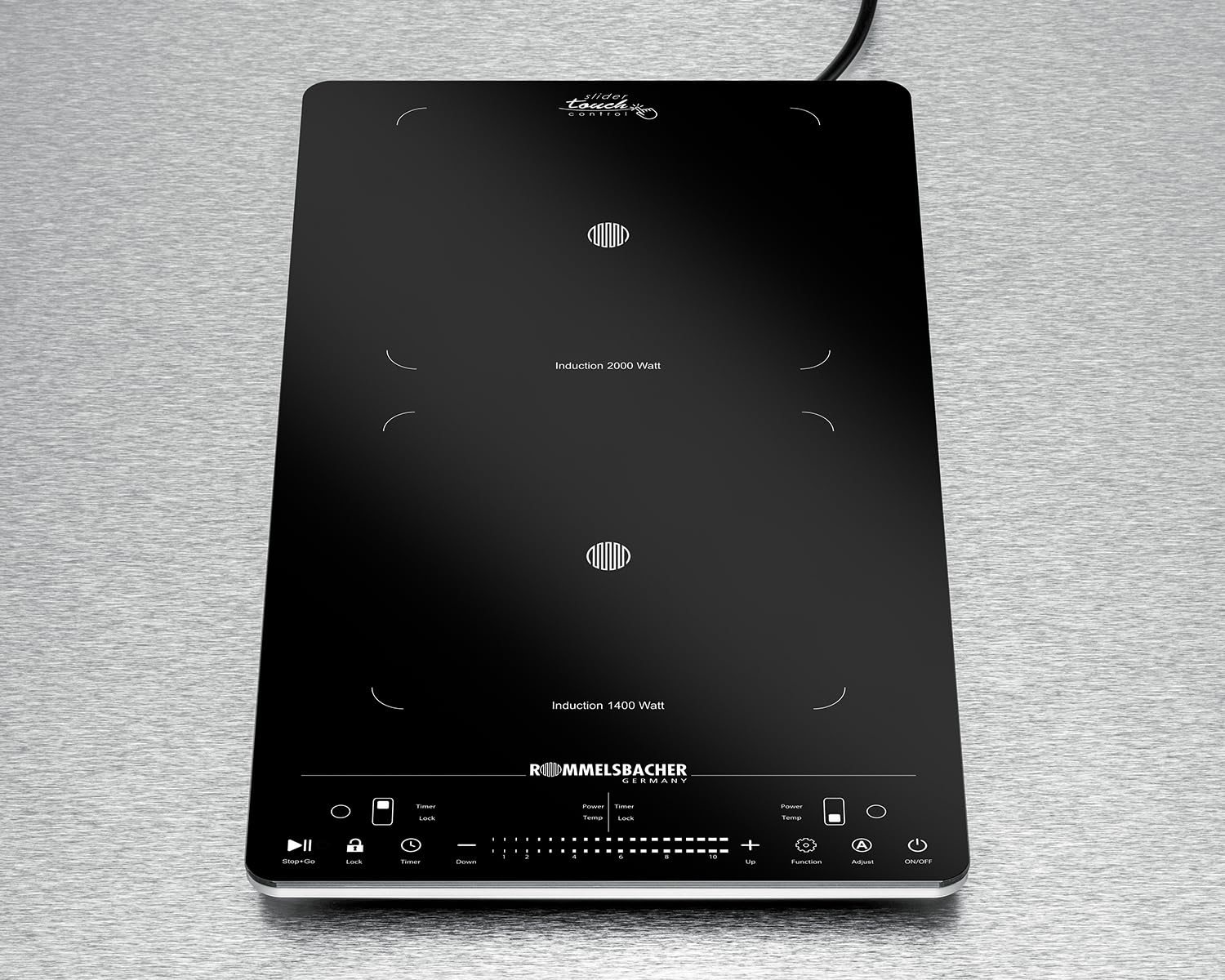 ROMMELSBACHER Plaque de cuisson double CT 3430/IN, induction, conception verticale, peu encombrante, 2 zones de chauffage, 10 puissances, 10 niveaux de température, minuterie, Slider Touch & Touch