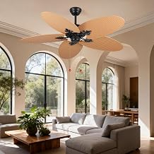 Tropical Ceiling Fan Without Light, Palm Leaf Blades, Indoor Outdoor Airflow Fixture, Pull Chain Control, Reversible Motor, Dual Mount Patio Bedroom Living Room Dining Decor, Courtyard Cooling