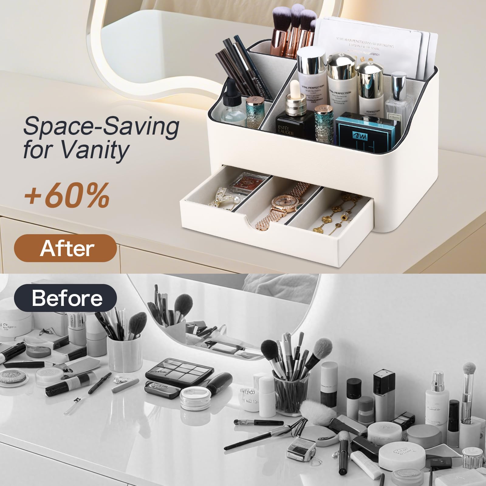 KINGFOM Make-up-Organizer aus PU-Leder mit Schublade, Hautpflege-Organizer für Schminktisch, Kosmetikaufbewahrung für Kommode, Arbeitsplatte, Beauty-Halter für Lippenstift, Pinsel, Hautpflege