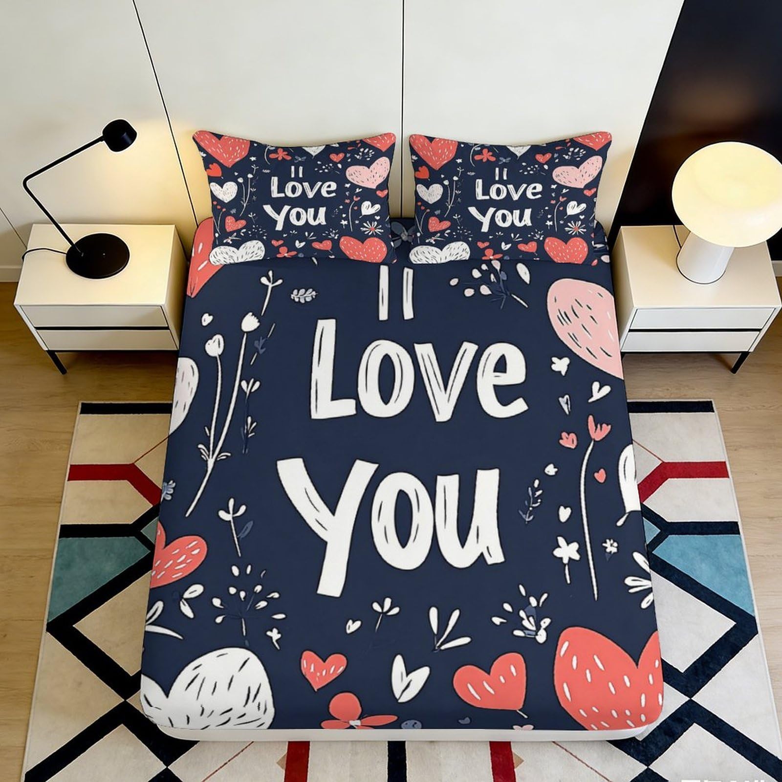 3D Printed Love Heart Fitted Sheet Microfiber Soft Romantic Letter Pattern Bed Cover for Bedroom Dorm Easy Care 90x200x25cm