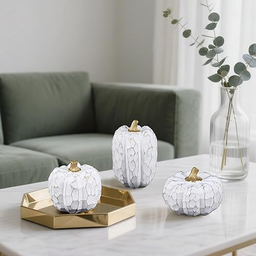 Miniatura 5 de winemana Decoraciones de otoño de calabazas para el hogar, juego de 3 elegantes centros de mesa de resina de calabaza blanca para mesa, repisa,