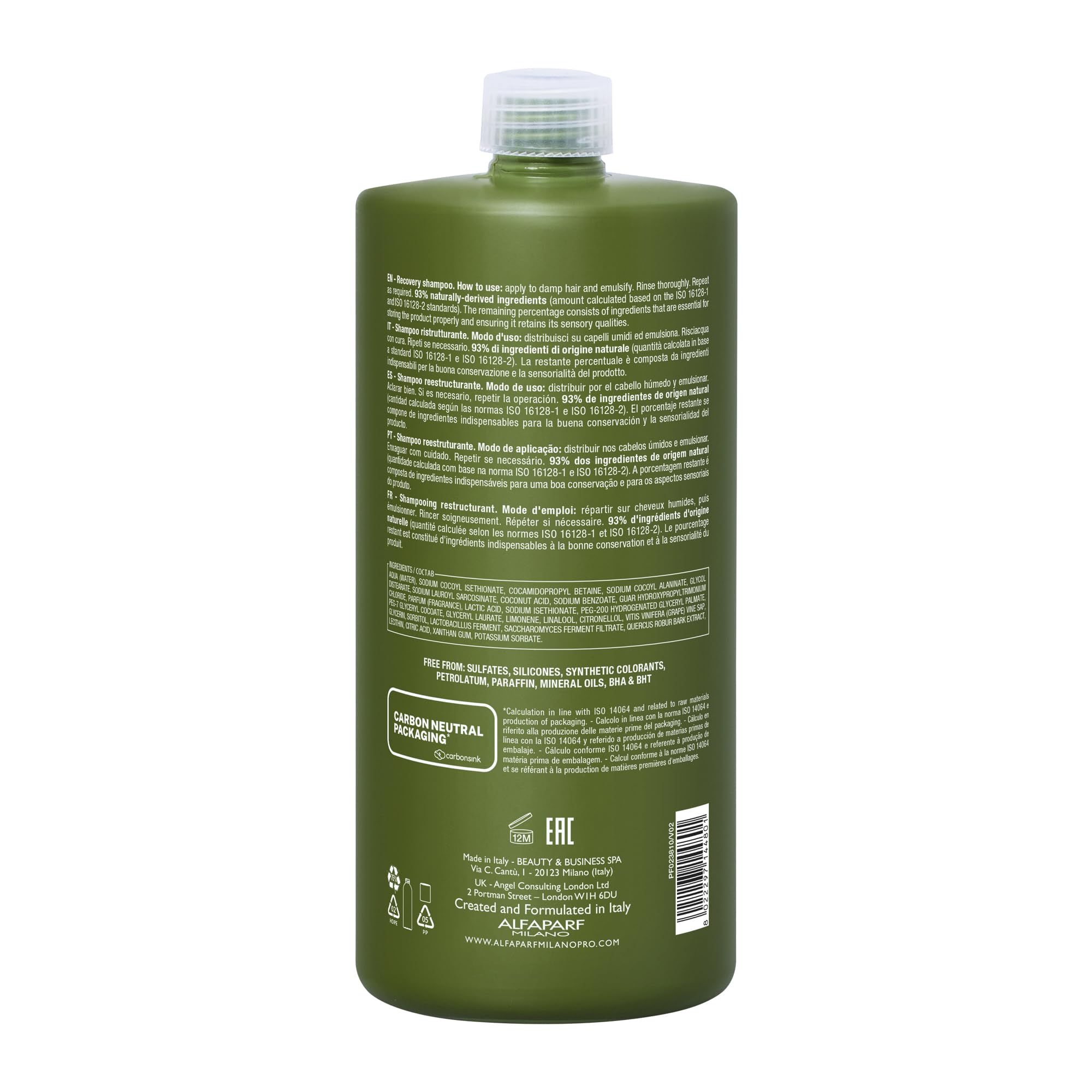 ALFAPARF MILANO Benvoleo Recovery Shampoo for Damaged Hair - Clean, Vegan, Sustainable Hair Care - Sulfate Free Shampoo - Repairs, Reconstructs, Protects - Natural Ingredients - 33.8 FL. Oz.