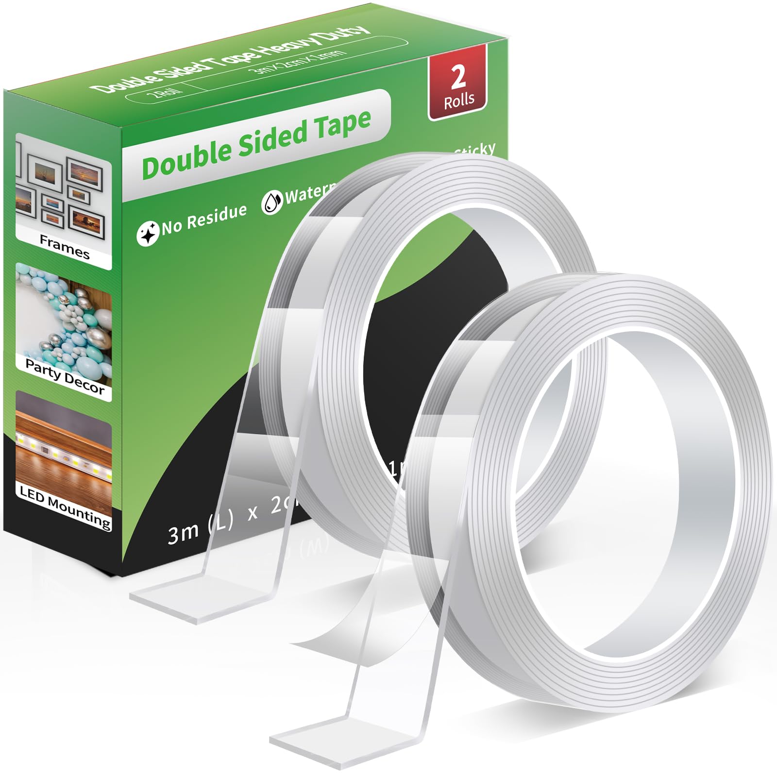 Double Sided Tape Heavy Duty, Removable Strong Sticky Pads Nano Adhesive Strips, Clear Multipurpose Tape for Poster/Wall Hanging/Carpet 2 Rolls (3.0 m × 2.0 cm × 1 mm)