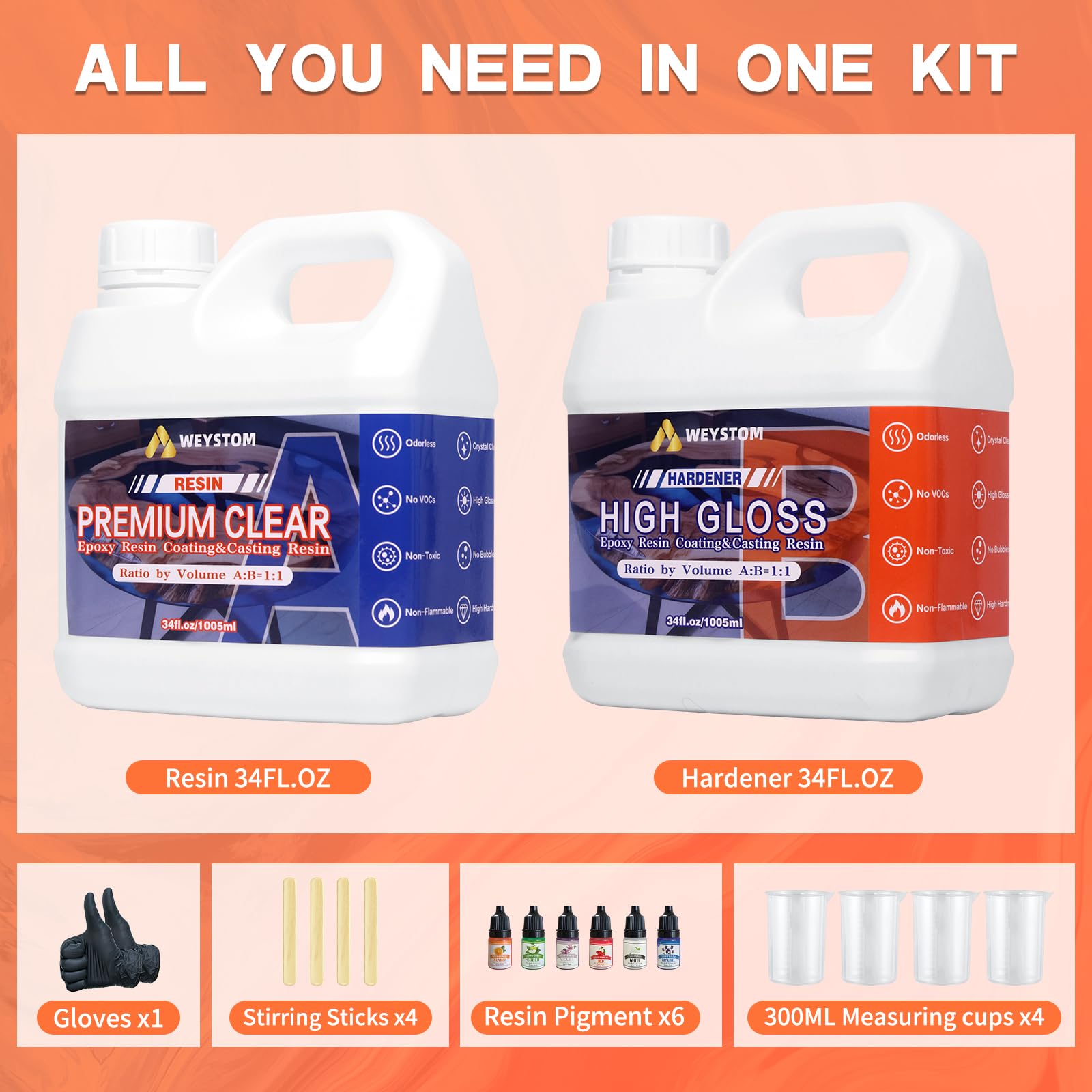 Resina epossidica - kit di resina epossidica chiara, resina senza bolle d'aria per colata e rivestimento, per arte e artigianato, tavola del fiume, creazione di gioielli, stampi. (68OZ)