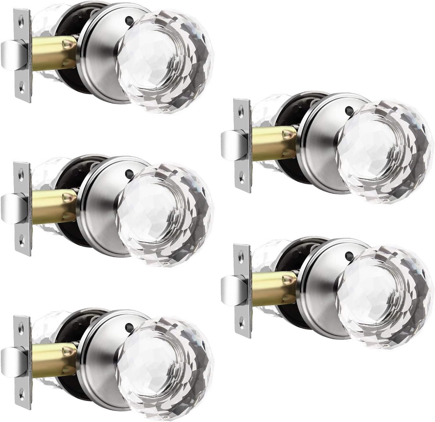 5 Pack Crystal Door Knobs Interior, Elegant Satin Nickel Glass Door Knobs, Keyless Privacy Door Locks for Bedrooms and Bathrooms
