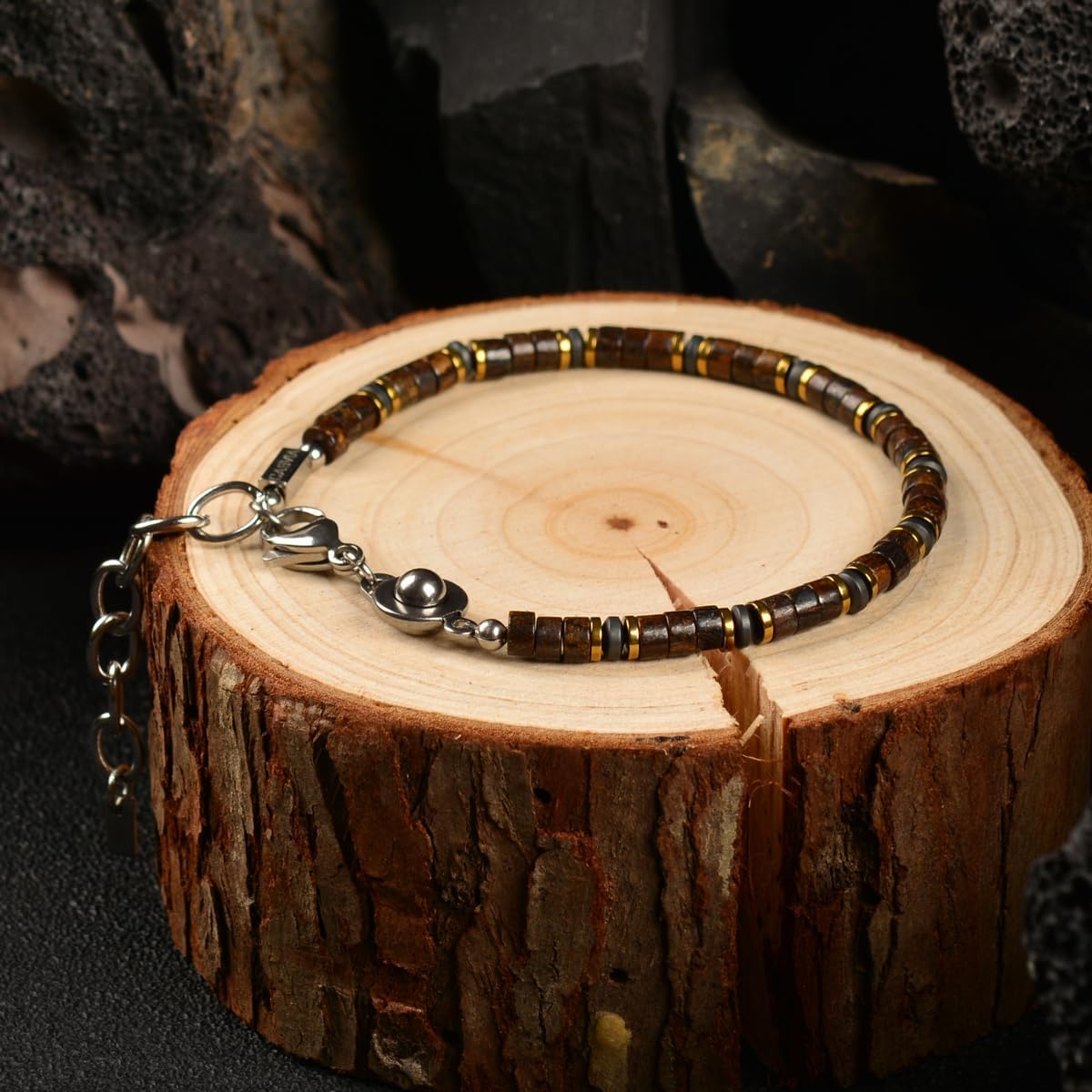 SteadGlow Men's Beaded Bracelet, Original Handmade Bronzite & Hematite, Adjustable Stainless Steel, Thickened Steel Wire Rugged Durable Jewelry, Gift for Dad Husband Him