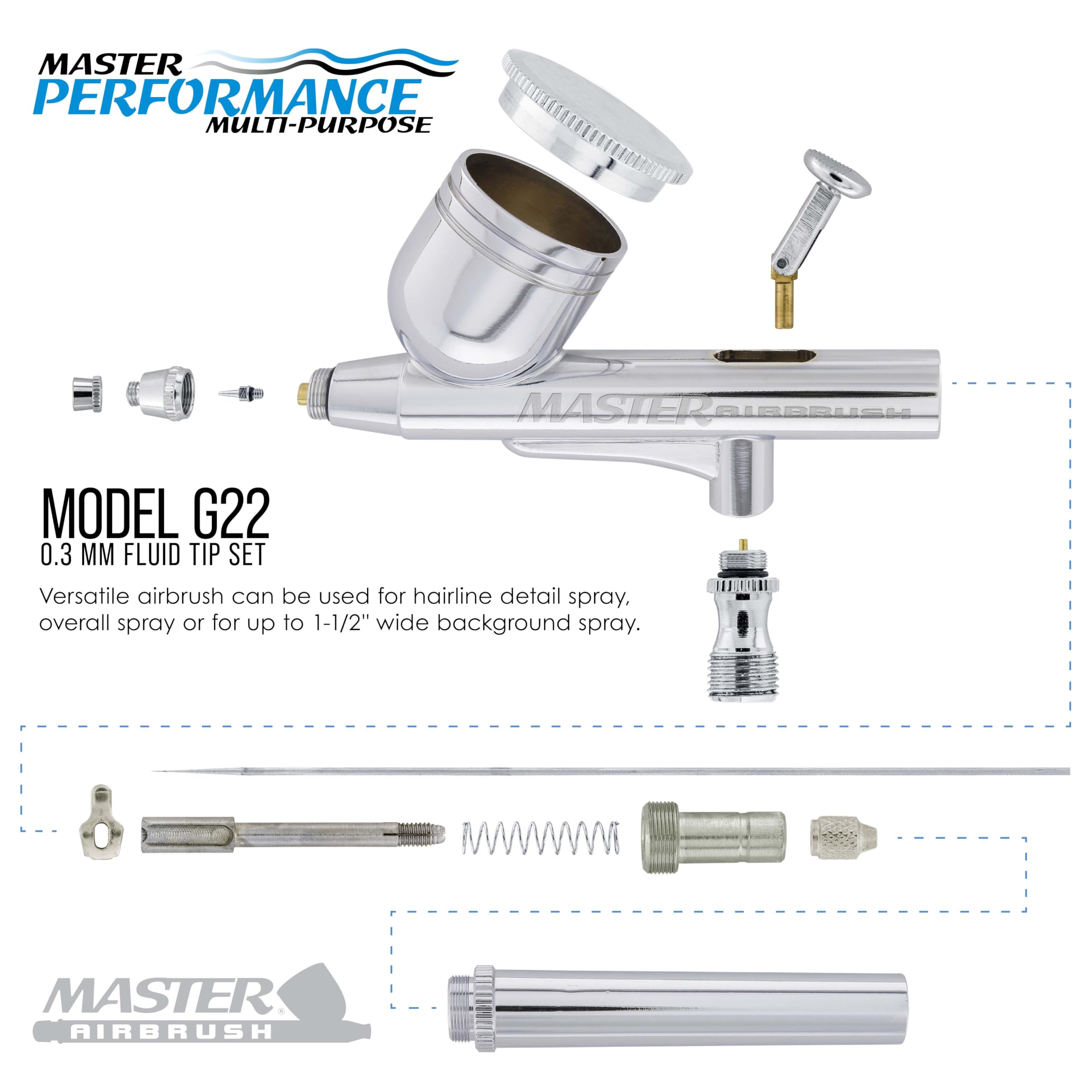 Master Airbrush Master Performance G22 zestaw systemu aerografu z kompresorem Master TC-20T ze zbiornikiem powietrza, wężem powietrza i aerografem G22 Dual-Action Gravity Feed