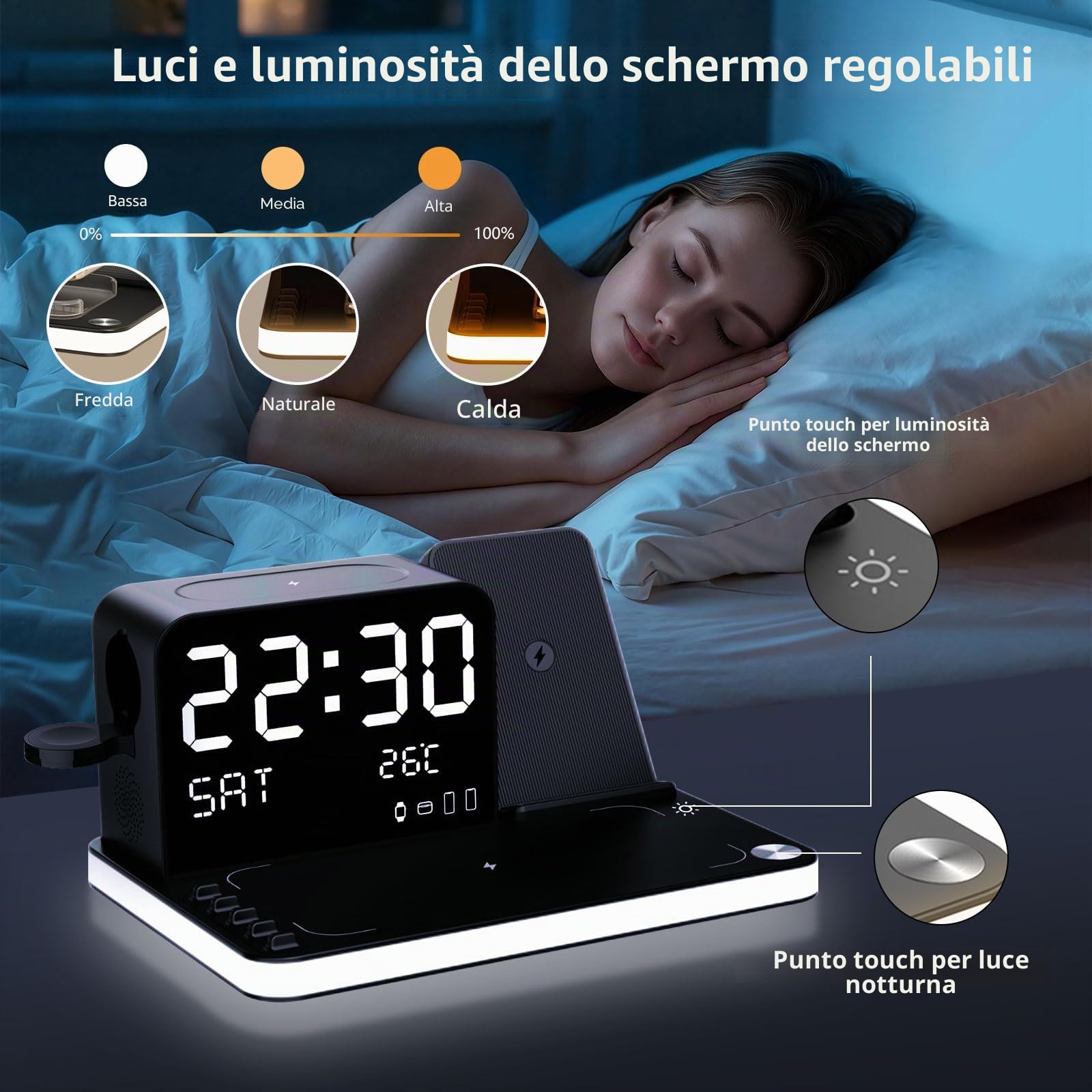 Caricabatterie wireless 7 in 1 con orologio, temperatura e data, compatibile con iPhone 17/16/15/14/13 Pro Max, AirPods e Apple Watch, compatibile con Samsung S25/S24, luce notturna regolabile, 33W