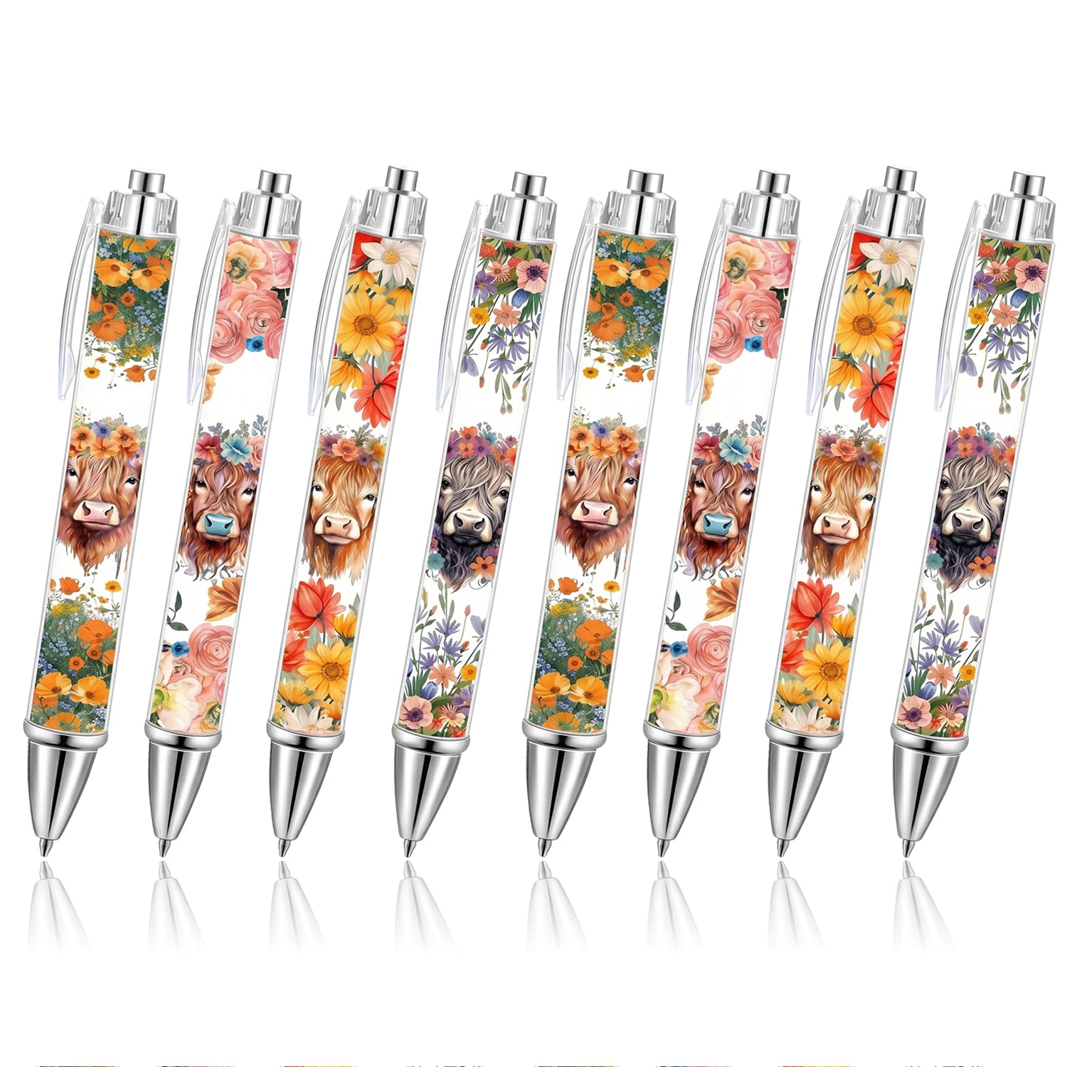 8Pcs Highland Cow Pens, Cute Highland Cow Gifts for Women, Retractable Ballpoint Pens with 4 Designs, Fun Stationery Supplies for Studying, Working and Taking Notes, Pen Gift for Girls Cow Lover