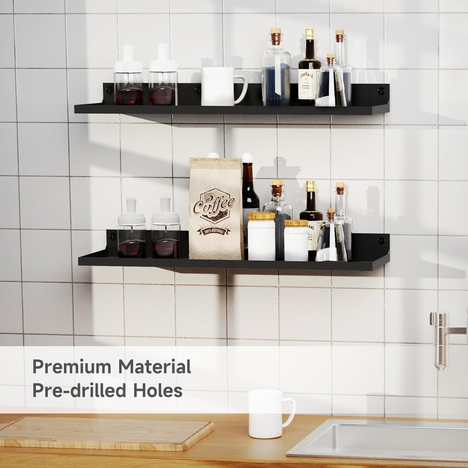 PEKGRIL 4 Pack Metal Floating Shelves, 17x6 Inch Large Wall Mounted Shelf for Storage, Black Kids Bookshelf, Display Ledge Shelves with Lip for Bathroom, Bedroom, Living Room, Bathroom, Kitchen