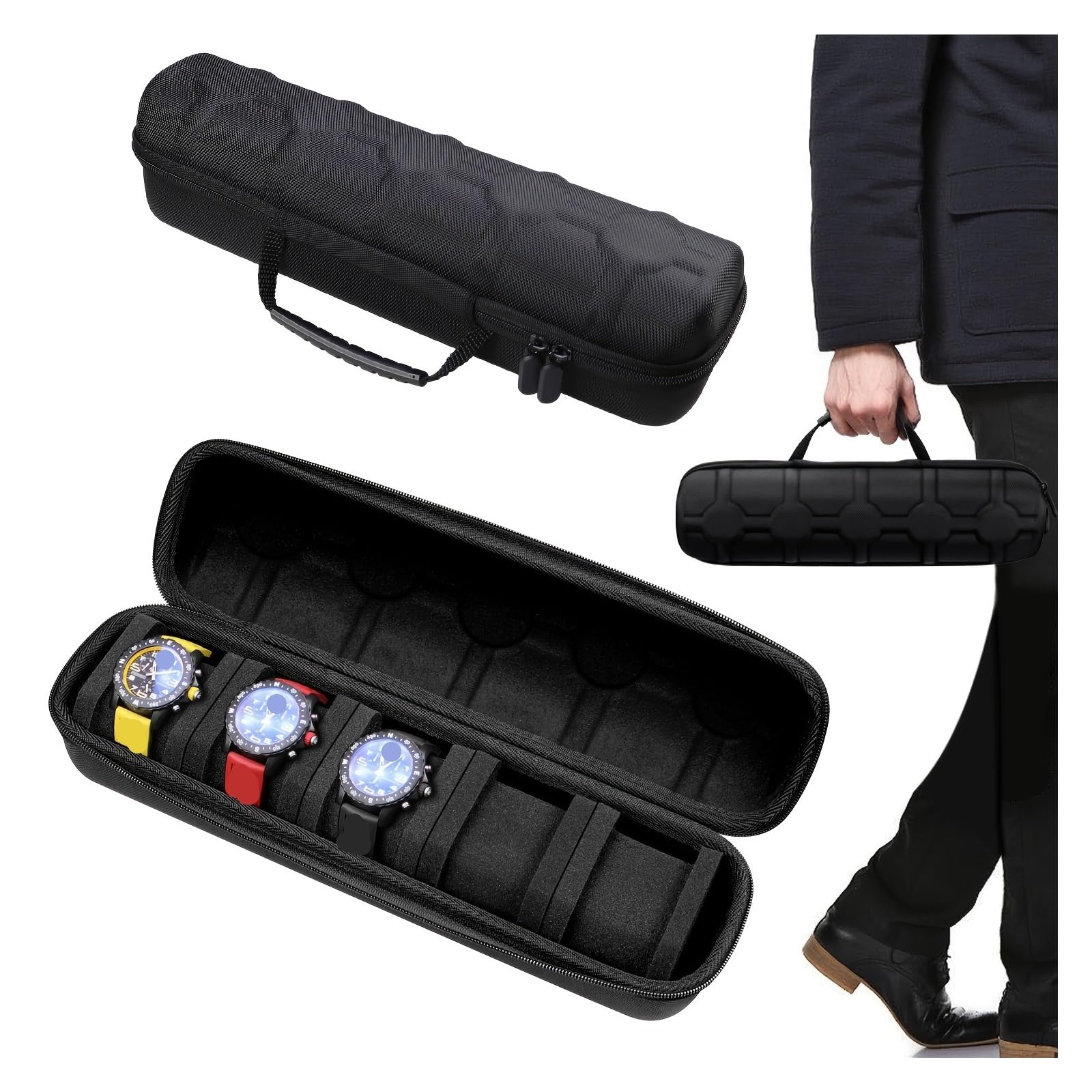 1 Stück 5-Slot Uhrengehäuse Hartschalen-Reise-Organizer mit Kisseneinsatz - Schwarz Geeignet for die Aufbewahrung von Smartwatches zur Aufbewahrung von Uhren
