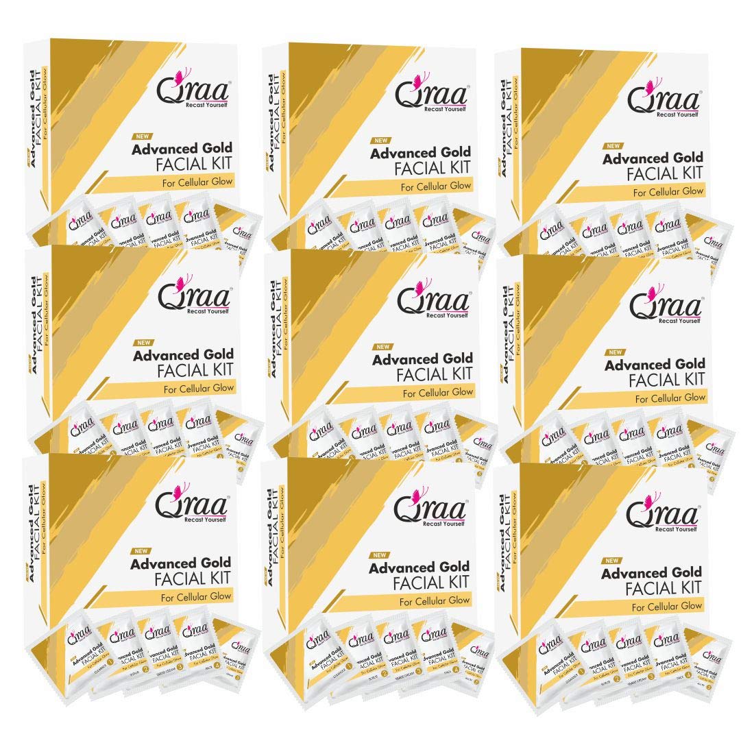 Qraa Advance Gold Facial Kit For Cellular Glow- 5 Steps Facial Kit- 340ml All Skin Types, Cleansing Milk, Face Scrub, Massage Gel, Face Pack, Face Serum