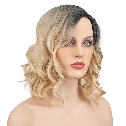 Miniatura 10 de Wiginway Peluca corta ondulada para mujer, peluca con raya lateral, aspecto natural, marrón medio degradado dorado de 12 pulgadas
