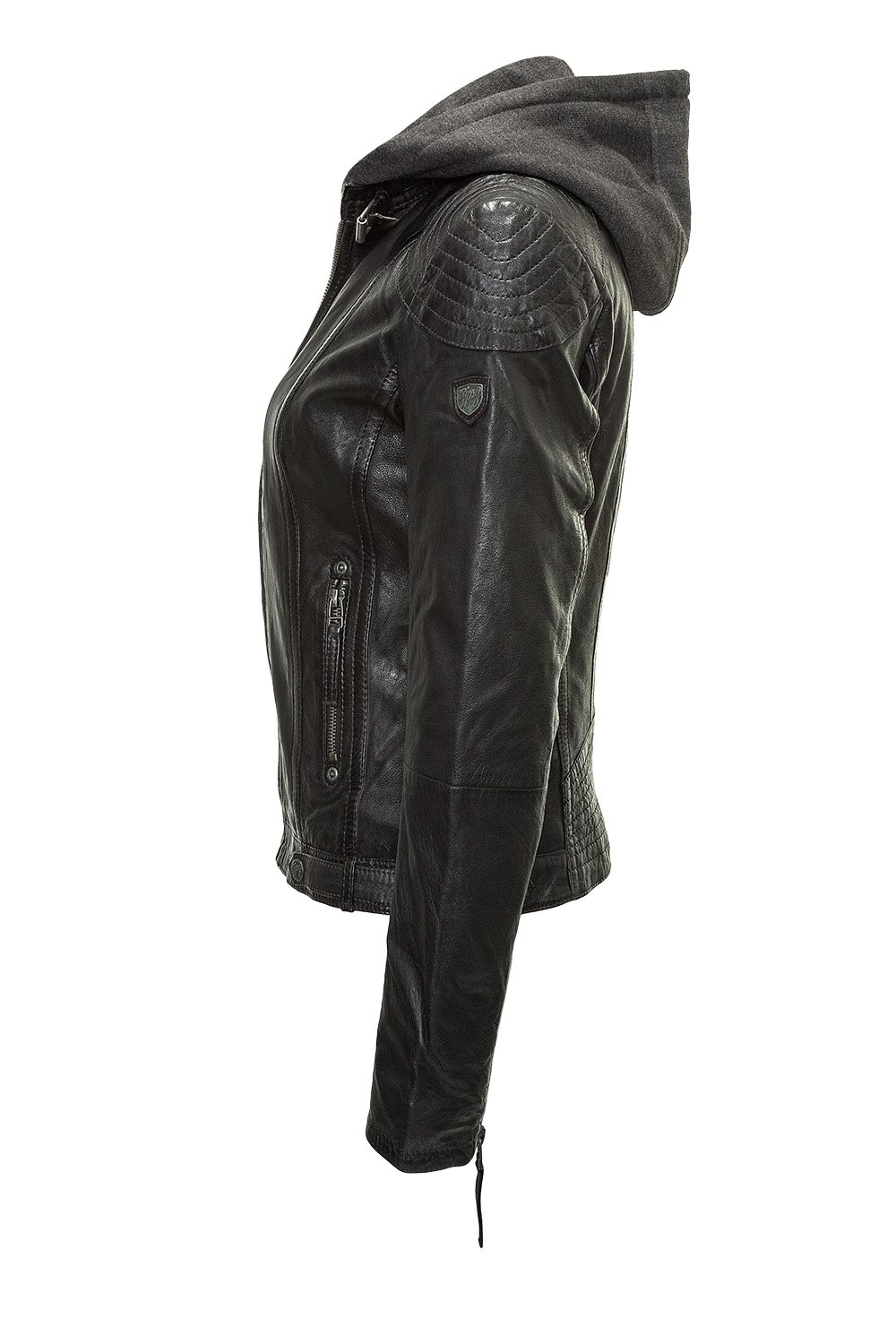 Gipsy Damen Lederjacke mit Kapuze im Biker Look Schwarz (M, Black)
