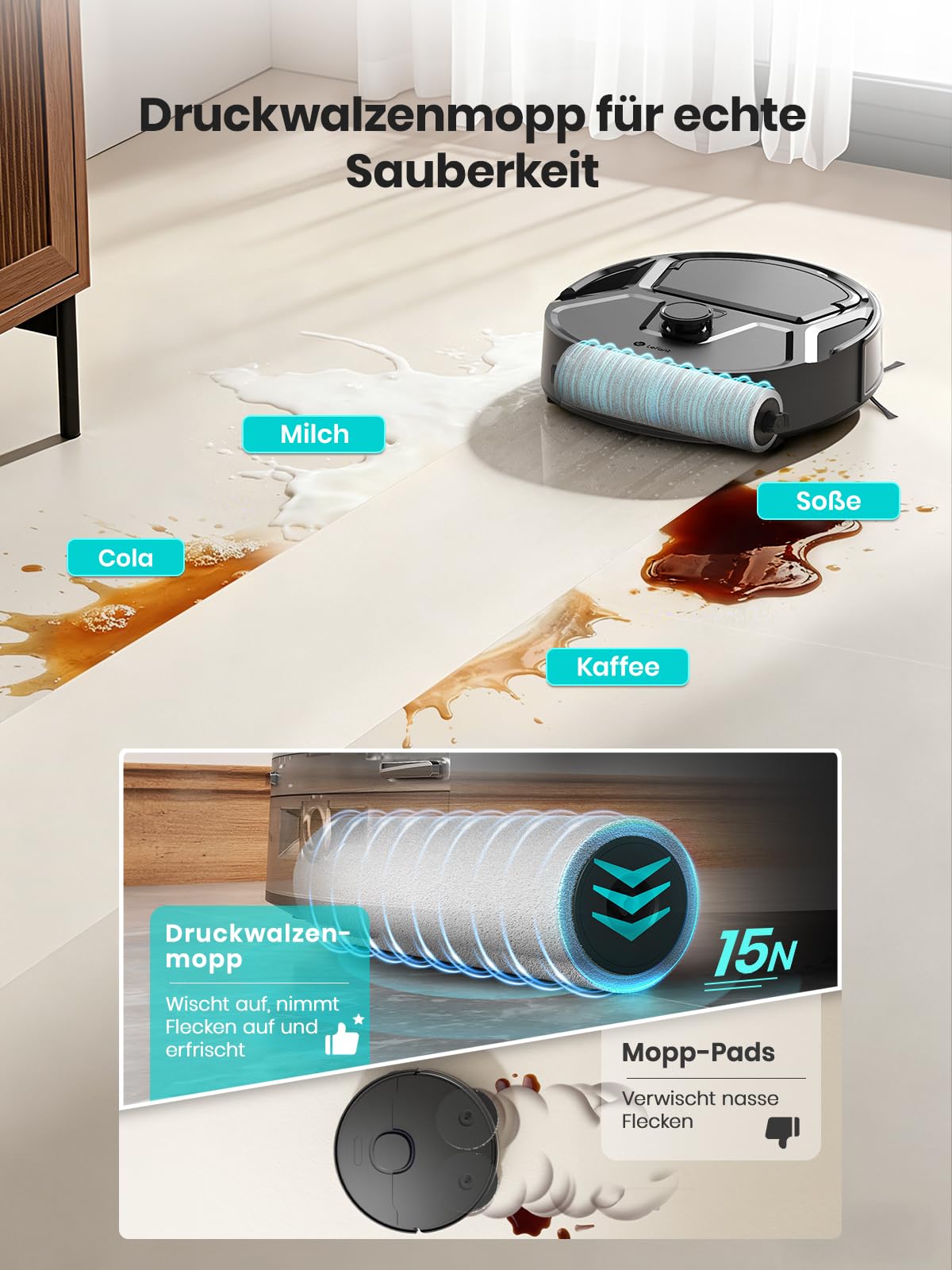 Lefant M210 PRO Omni Saugroboter mit Roller Wischfunktion,20000 Pa,20cm Roller,Vermeiden von Hindernissen,LiDAR Navigation,Multi-Floor Mapping,No-Go-Zone,2.4G/5G, App und Alexa