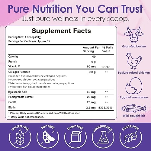Miniatura 2 de Polvo de péptidos de colágeno múltiple  Colágeno hidrolizado con vitamina C, ácido hialurónico y biotina  Piel, cabello, uñas, articulaciones y