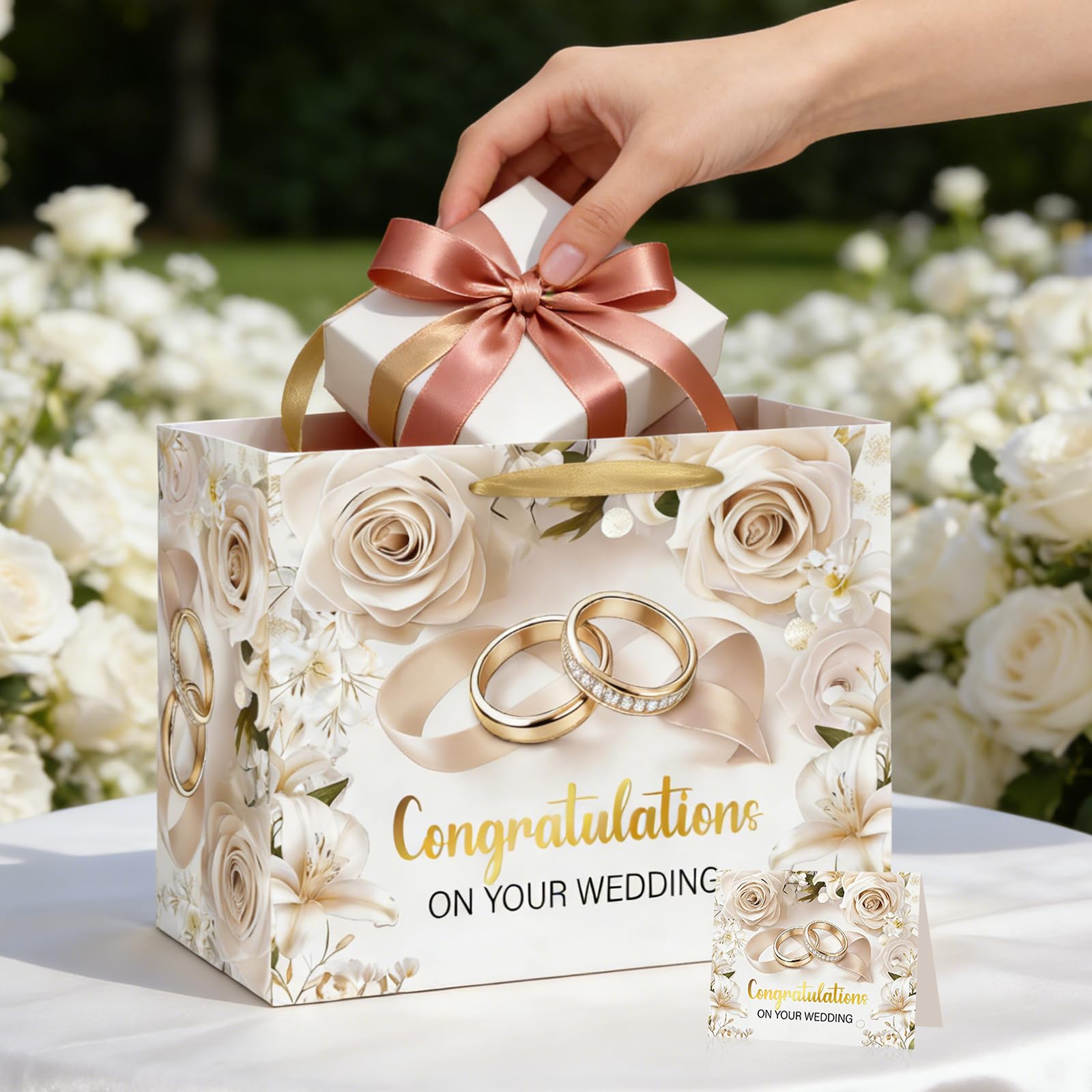 TagreSpike Wedding Gift Bag for Bride and Groom Elegant White Rose & Gold Rings Gift Wrapping Bag with Tissue Paper and Card - Congratulations Present Sack for Bridal Shower, Engagement, Marriage