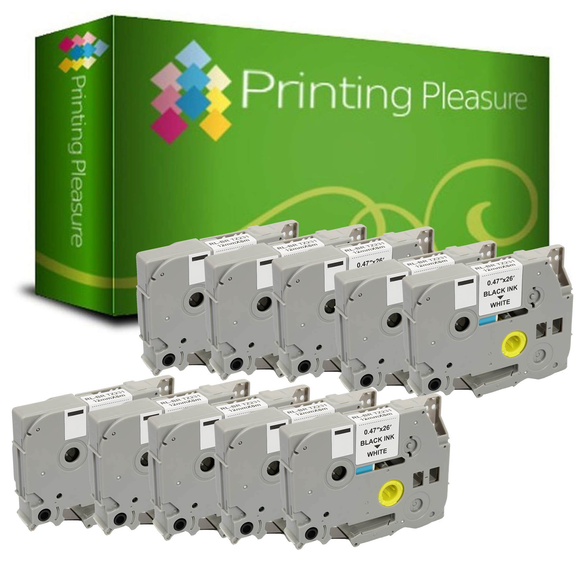 Printing Pleasure 10 x TZe-231 TZ-231 Black on White Label Tapes Compatible with P-Touch Label Printing Machines | 12mm x 8m