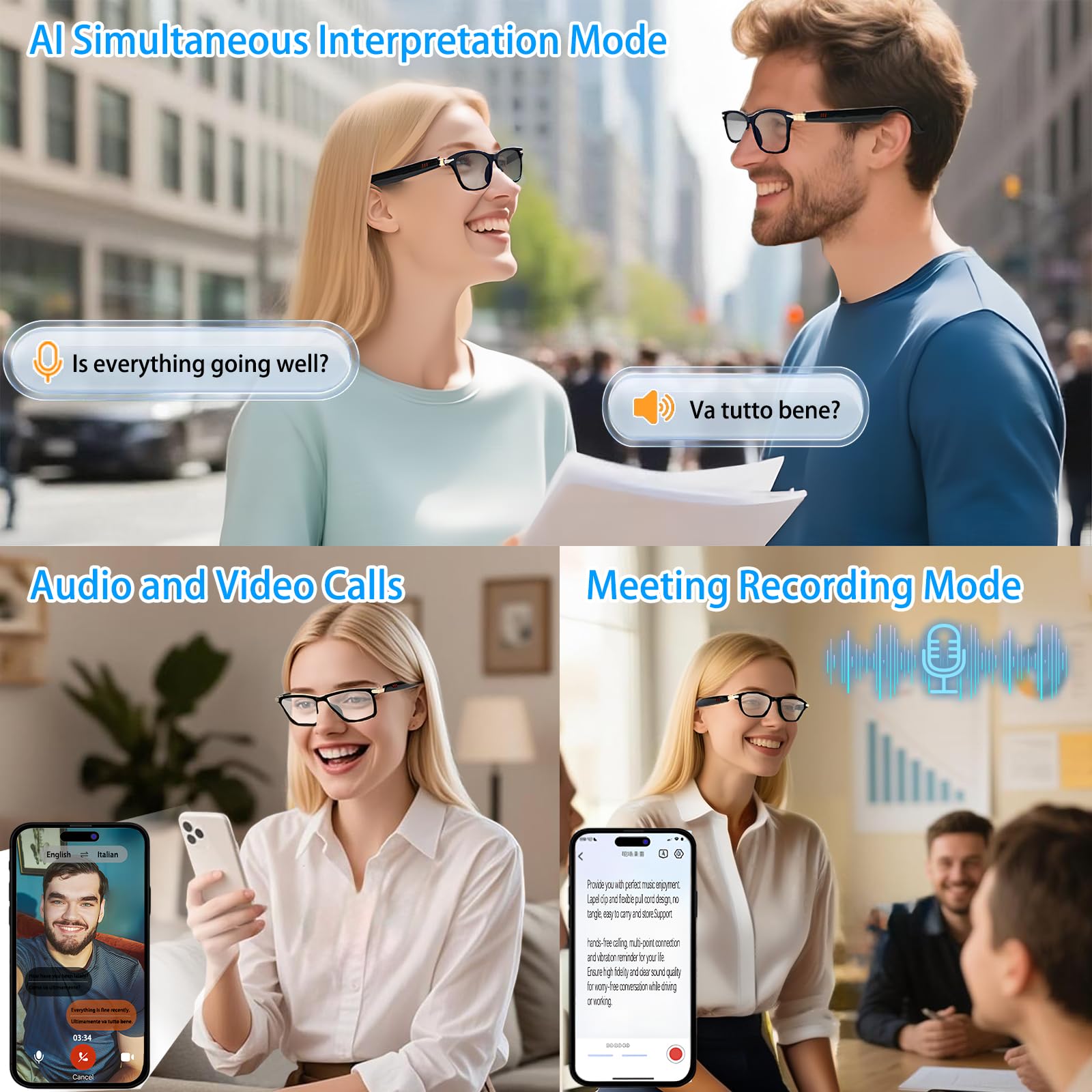 Gafas Inteligentes con Traductor de IA, Lentes Fotocromáticas, Gafas de Sol Polarizadas Bluetooth con Interpretación Simultánea, Audio Claro, con Más de 110 Idiomas para Hombres y Mujeres