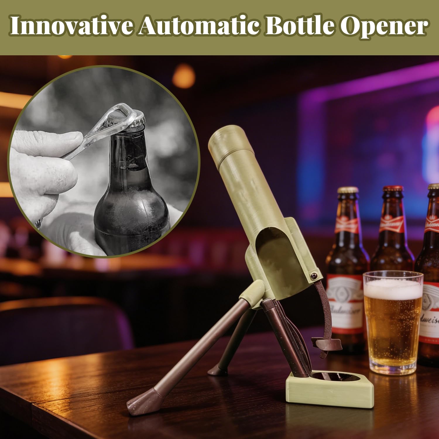 Abrebotellas de mortero 51 mm, Abridor manos libres para cerveza, Lanzador automático de tapas