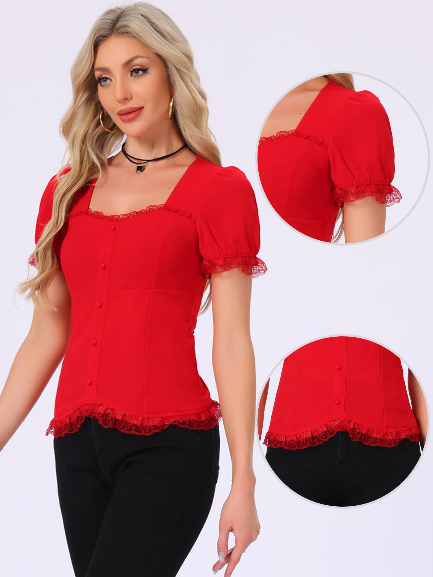 Allegra K Camicia vittoriana da donna con scollo a cuore, maniche a sbuffo, per Halloween, con lacci