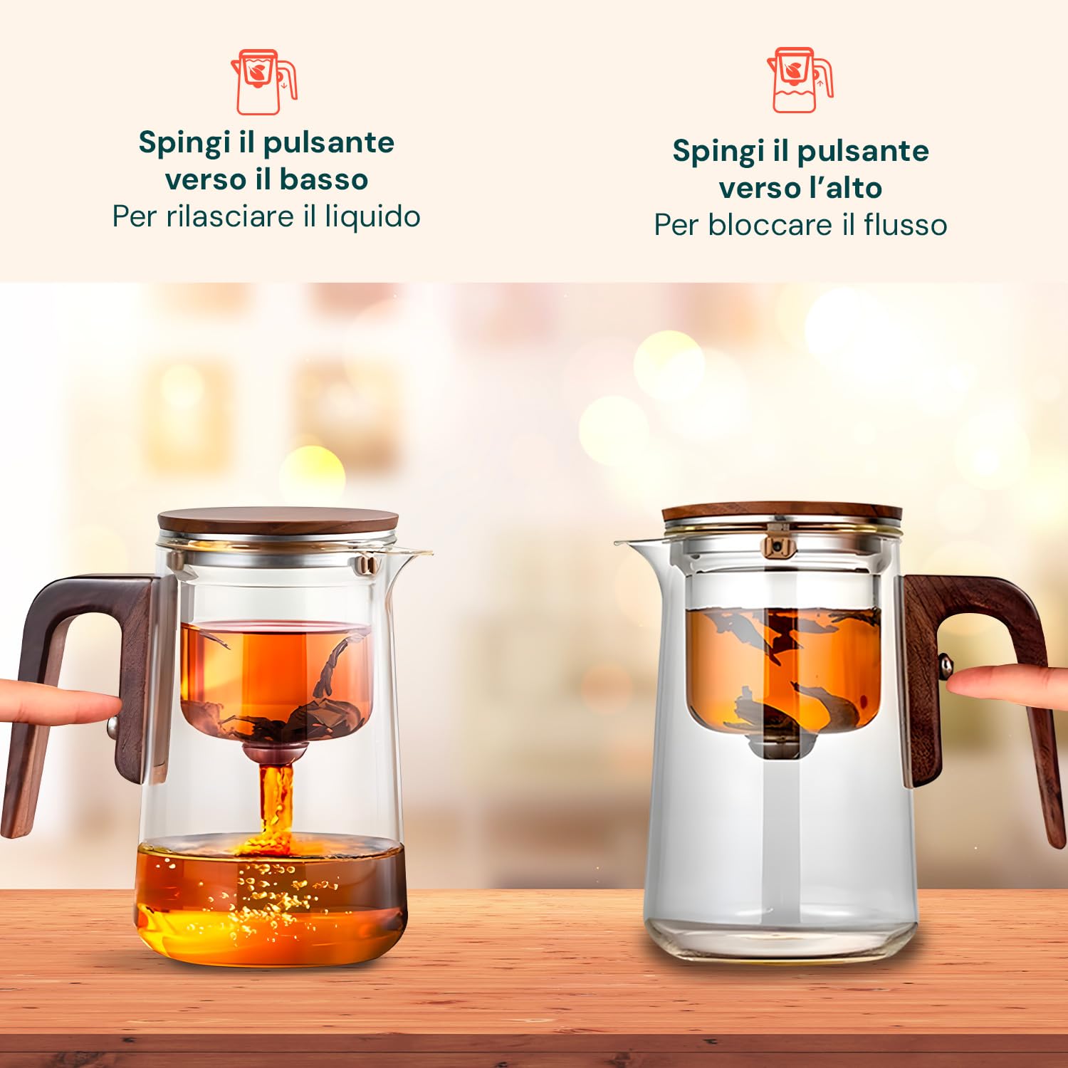 Avilia - Teiera in Vetro con Infusore da 600/800ml con Manico Effetto Legno Antiscottatura, Infusore a Pressione Integrato per Tè e Tisane, Chiusura Ermetica, Facile da Usare e da Pulire
