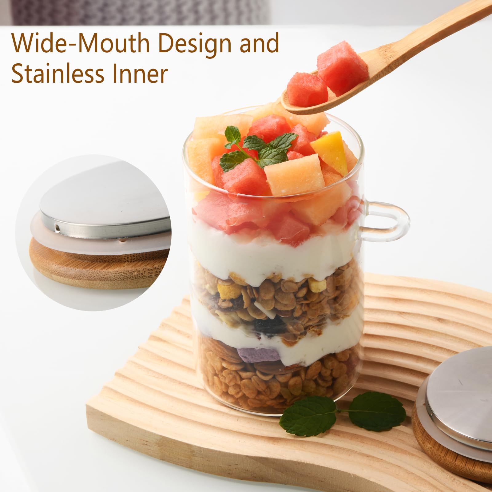 YBCPACK Overnight Oats - Juego de 4 tarros de cristal de 500 ml con tapa de bambú y cuchara, tarros de almacenamiento a prueba de fugas con anillo de silicona, vasos de cocina para cereales, yogur y