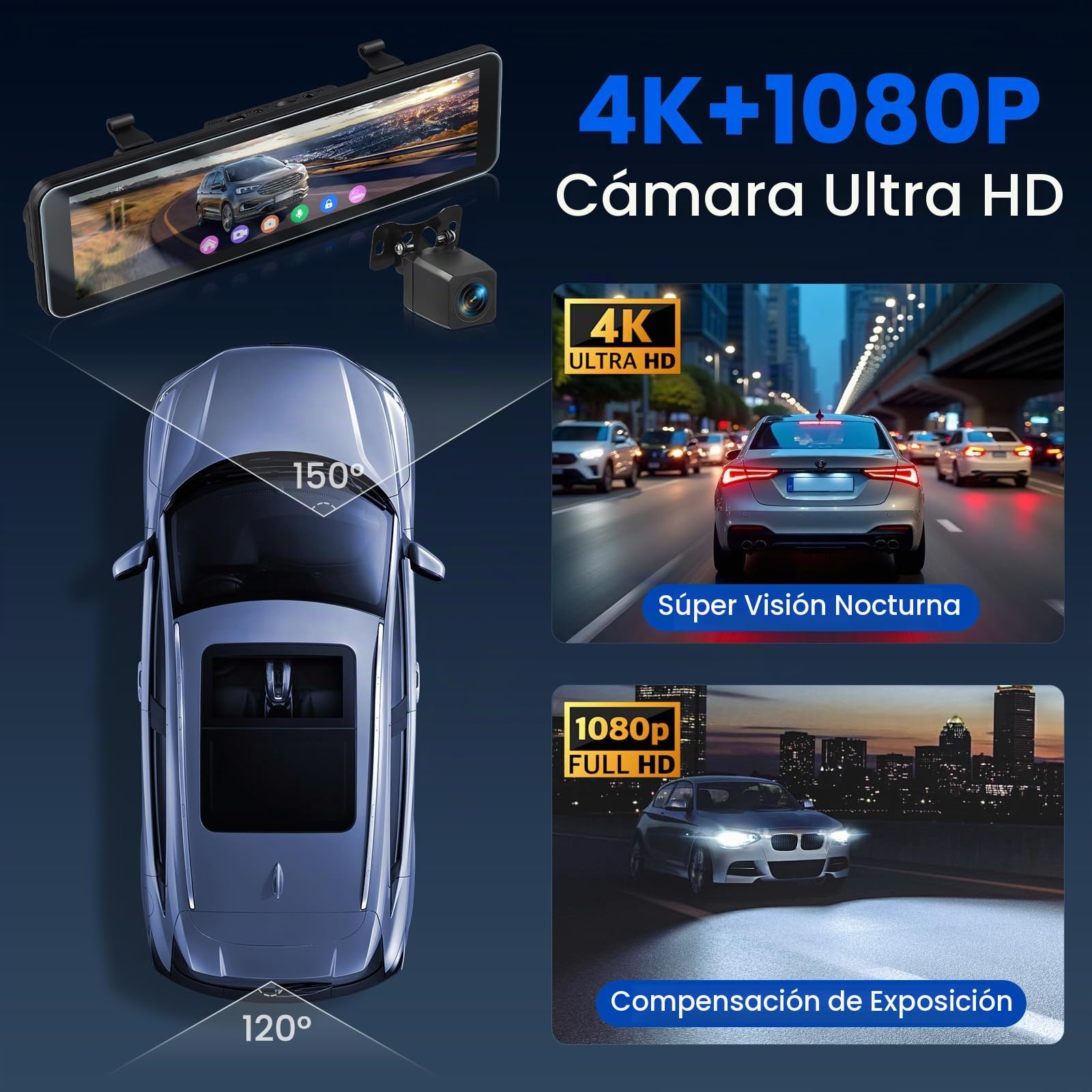 Hikity Espejo Retrovisor Inteligente 10,8" con Cámara Coche 4K Delantera + 1080P Trasera, Dash Cam WiFi, GPS, USB-C, Tarjeta de 64GB Incluida, Pantalla Táctil, Visión Nocturna, Monitor de Aparcamiento