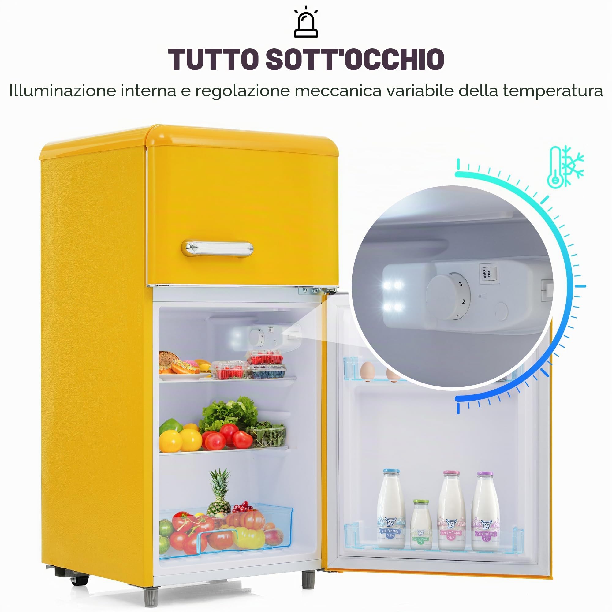 Merax Frigorifero Retrò, Volume di 72 Litri e 21 Litri di Congelatore, Illuminazione LED, 120 kWh/Anno, Disponibile in Giallo [Classe Energetica E]