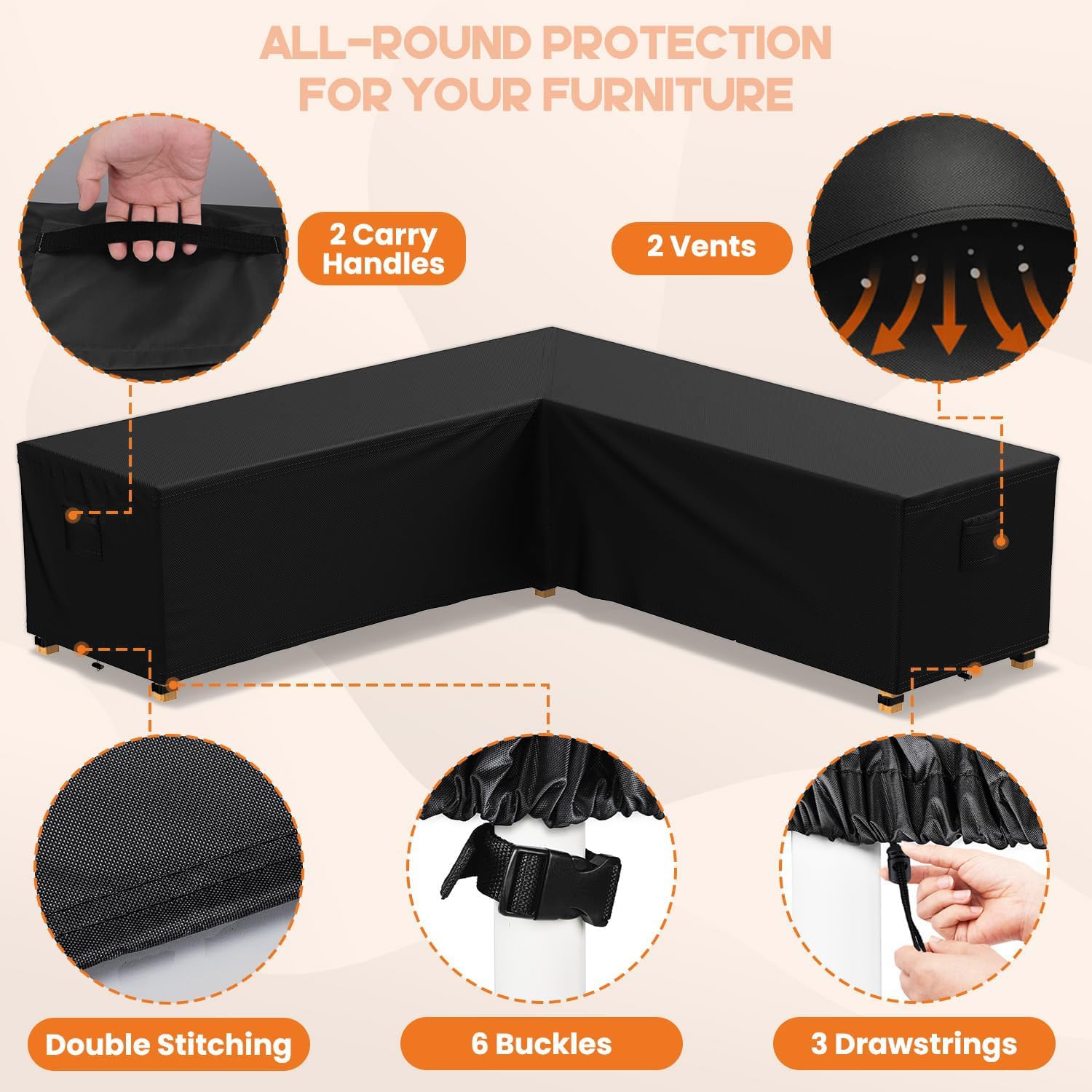 Pokrowiec Meble ogrodowe Kształt L 250x250x110cm, Pokrowiec Sofa Ogród Zewnętrzny 600D Wodoodporna tkanina Oxford z powłoką PU, wyloty powietrza, zewnętrzna pokrywa na zestawy sofy, Ratan Meble