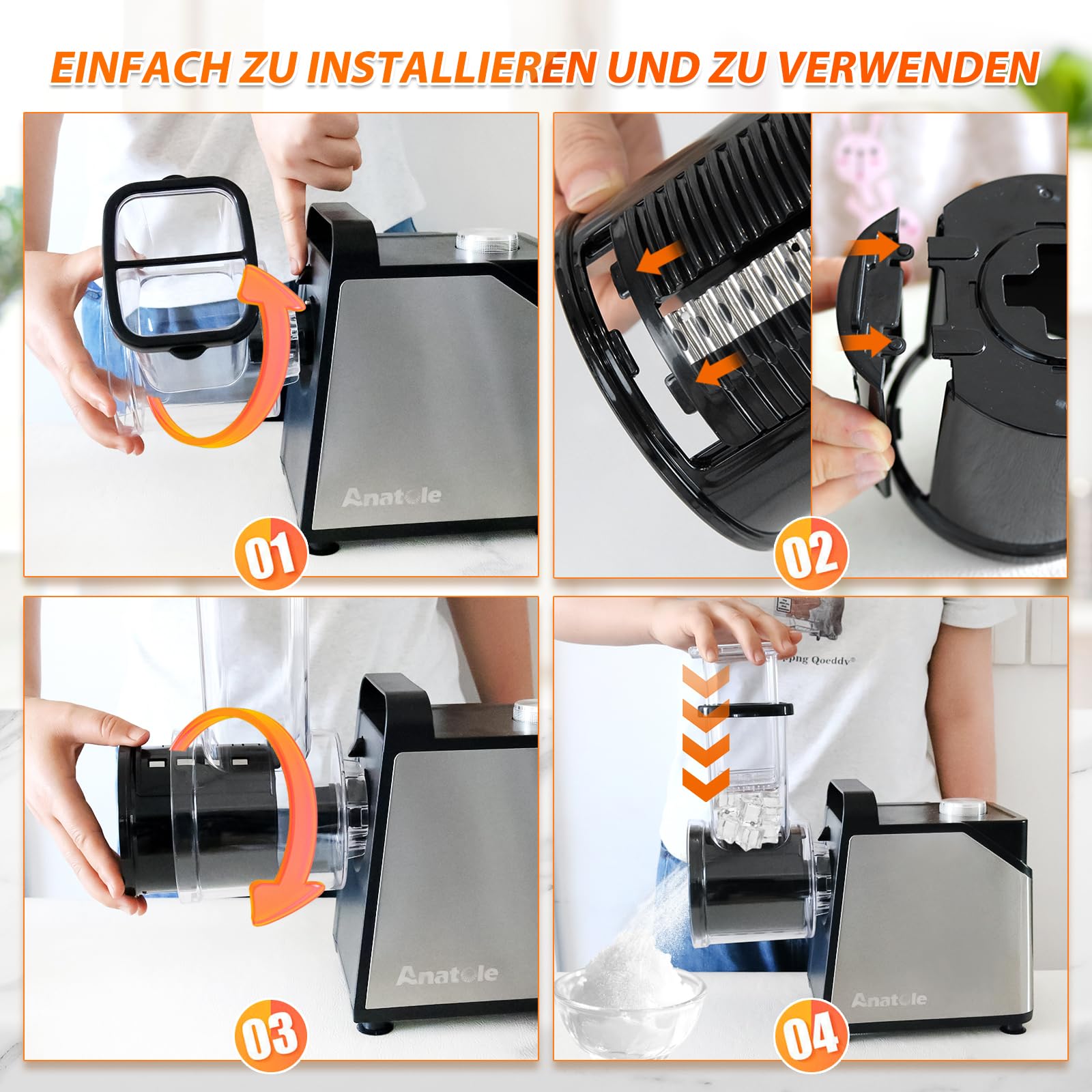 Anatole 7 in 1 Gemüseschneider Elektrisch Ice Crusher Käsereibe Edelstahl | Schneiden&Reiben&Mahlen&Eisrasierer Multifunktional, 7 Klingen, Großkaliber, 250W, für Kartoffeln Karotten Küche Hause, 220V