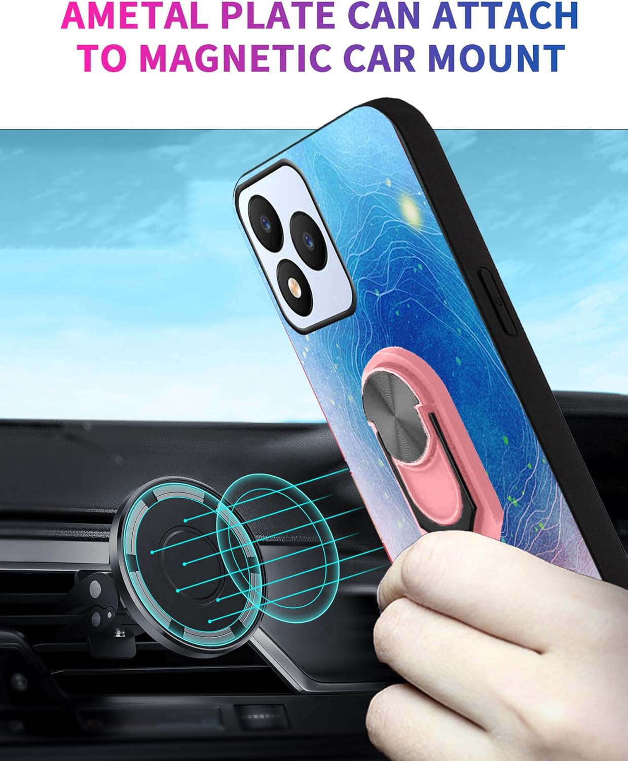 for Vortex J24 Case Tempered Glass Screen Protector+360° Rotatable Ring Holder Kickstand, [Blue-Pink Gradient Starry Sky Art Design] Slim Fit TPU Vortex J24 Phone Cover | Magnetic Car Holder - Image 4