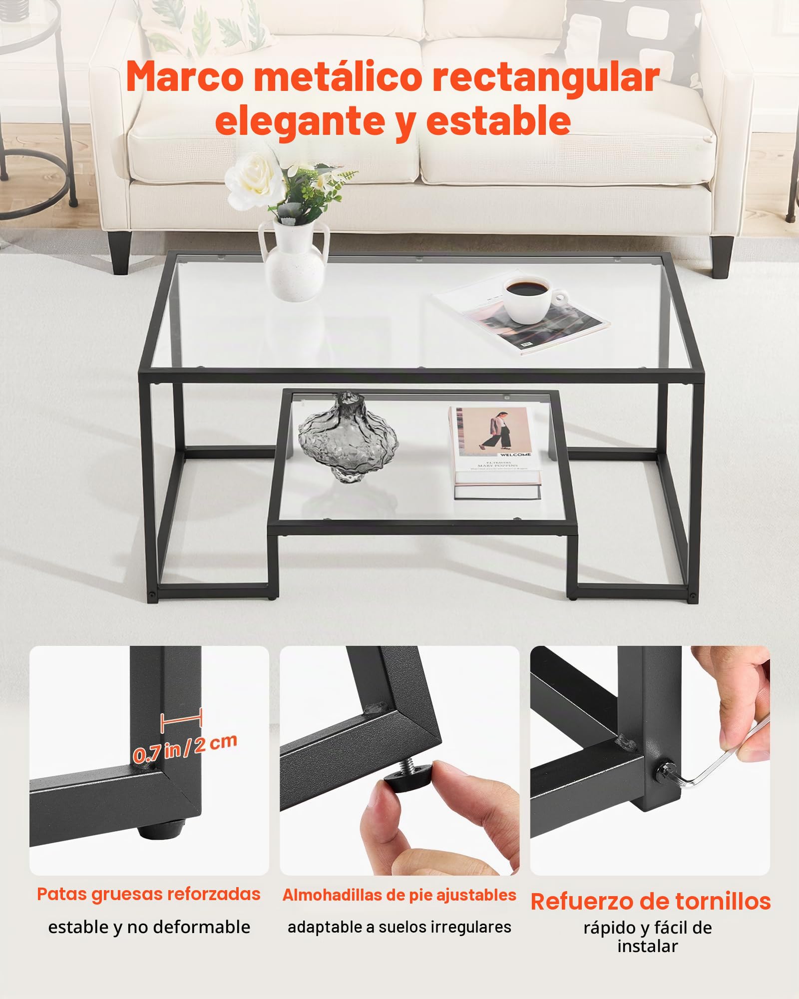 VEVOR Mesa Auxiliar de Cristal Templado, Rectangular, con Dos Niveles y Espacio de Almacenamiento Abierto, Diseño Moderno con Estructura Metálica, para Salón u Oficina, 100 x 51 x 46 cm, Negro