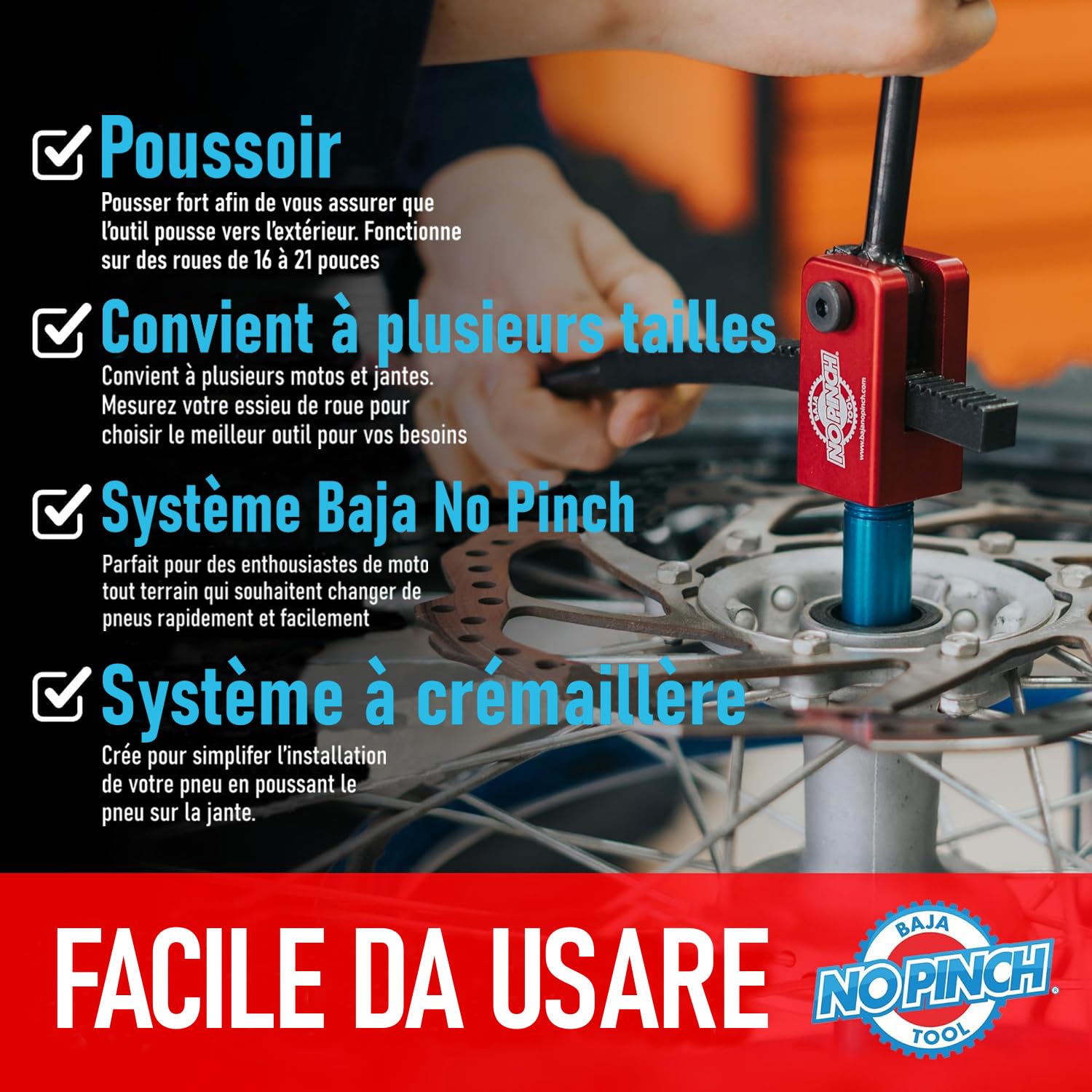 Kit Ultimate Baja No Pinch, Outil de Changement de Pneu Compact pour Motocross et Motos Tout-Terrain - Montez les Pneus Sans Pincer les Chambres à Air - Inclus Plusieurs Axes: 15mm, 17mm, 20mm, 25mm