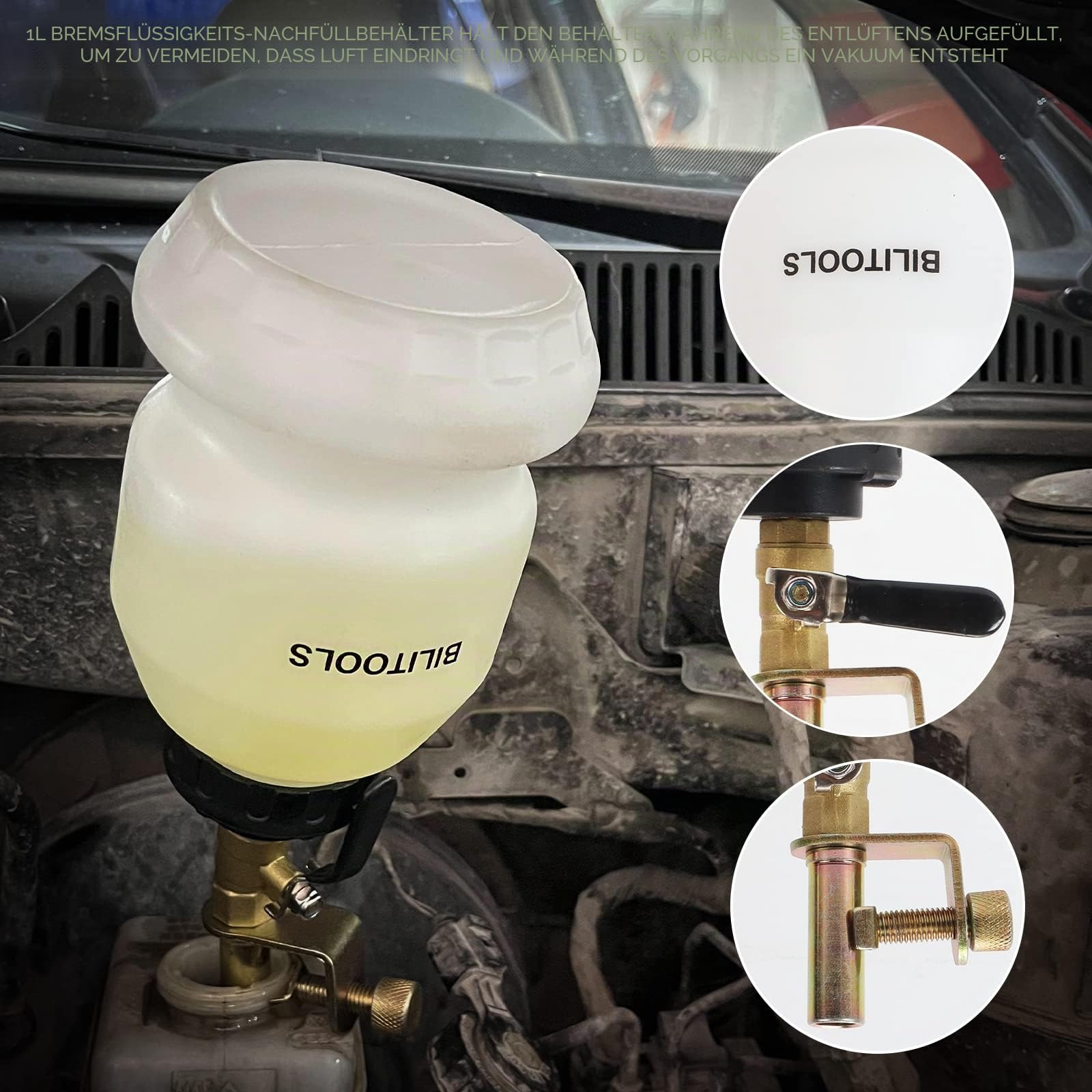 BILITOOLS 3L Universal Bremsenentlüftungsgerät Set für KFZ & Motorrad | Druckluft Bremsflüssigkeitswechselgerät mit 1L Nachfüllflasche und Adaptern