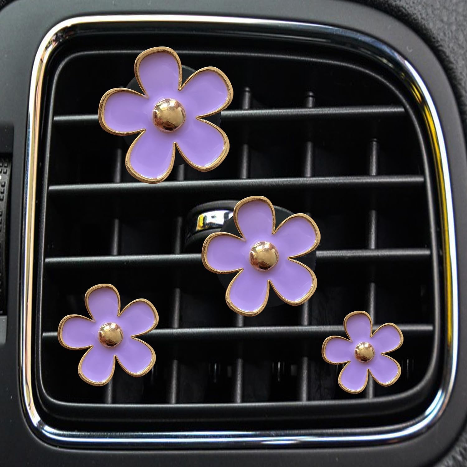 Daisy Air Vent Clips, 4 Pcs Cute Flower Car Air Conditioning Outlet Clip Car Air Freshener Clip Charm Car Inter Decor Accessories for Women (Purple)