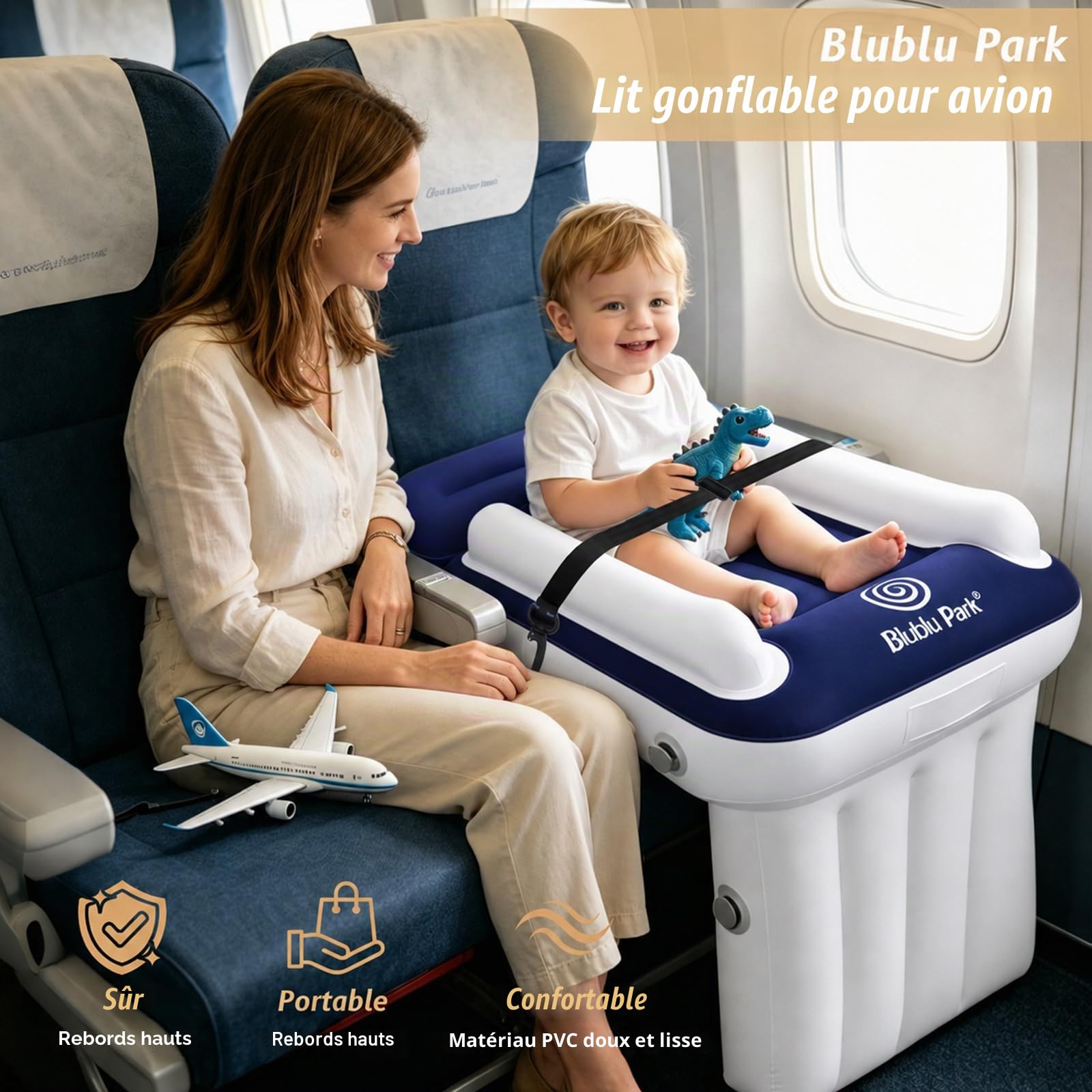 Flyaway Lit de voyage pour enfant avec côtés hauts, ceinture de sécurité, lit gonflable qui s'adapte à la plupart des sièges de