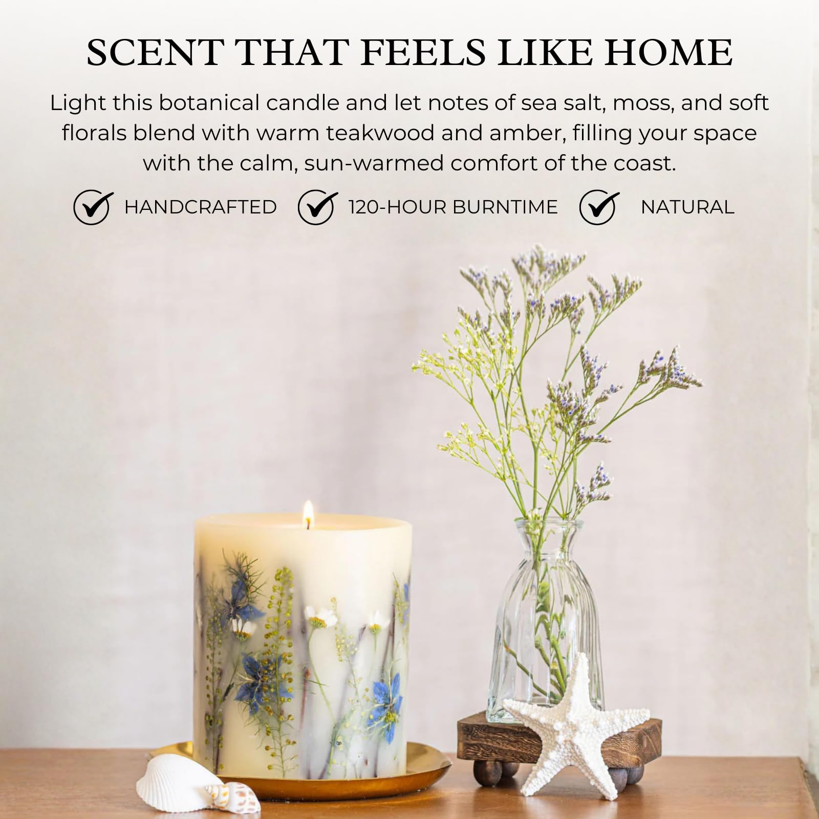 Rosy Rings Vela botánica de sal marina, una sola pieza, 4.5 x 5.5 pulgadas, 120 horas de combustión, cera con flores incrustadas florales, aroma costero, decoración de baño, sala de estar, spa, regalo