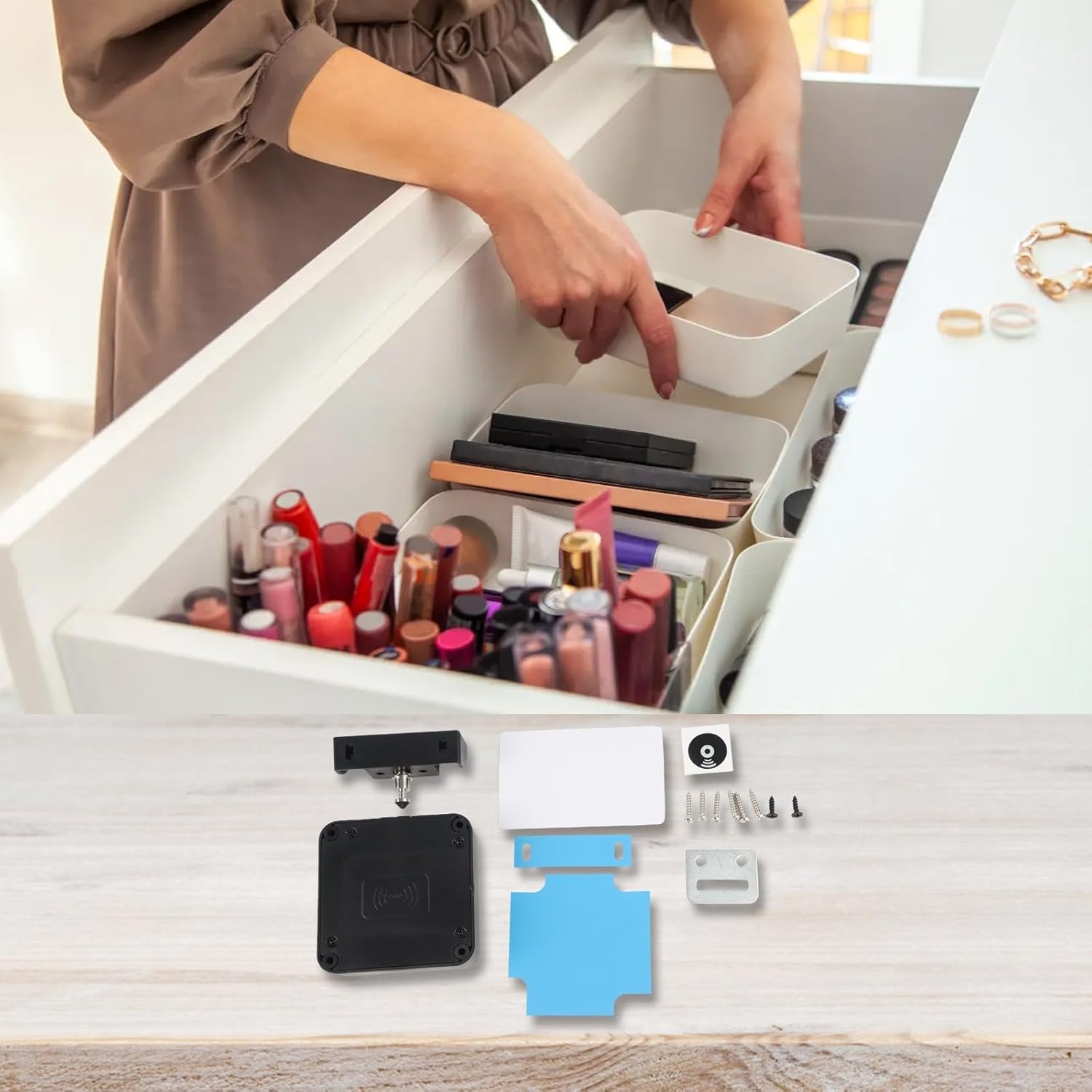 Smart Cabinet Door Lock, 13.56MHz Drawer Lock with App Remote Control, No Drill Electronic Lock for Home Office s, Child, Supports Wood up to 38mm, Black