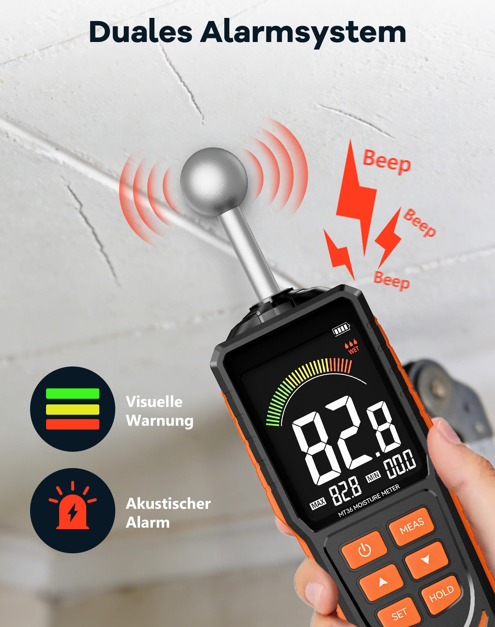 Feuchtigkeitsmessgerät Wand & Holz, Zerstörungsfreies Feuchtemesser mit Kugelsensor, 40mm Tiefenscan USB-C Aufladbar LCD Farbbildschirm Feuchtemessgerät für Beton,Estrich,Wohnmobil-Inspektion